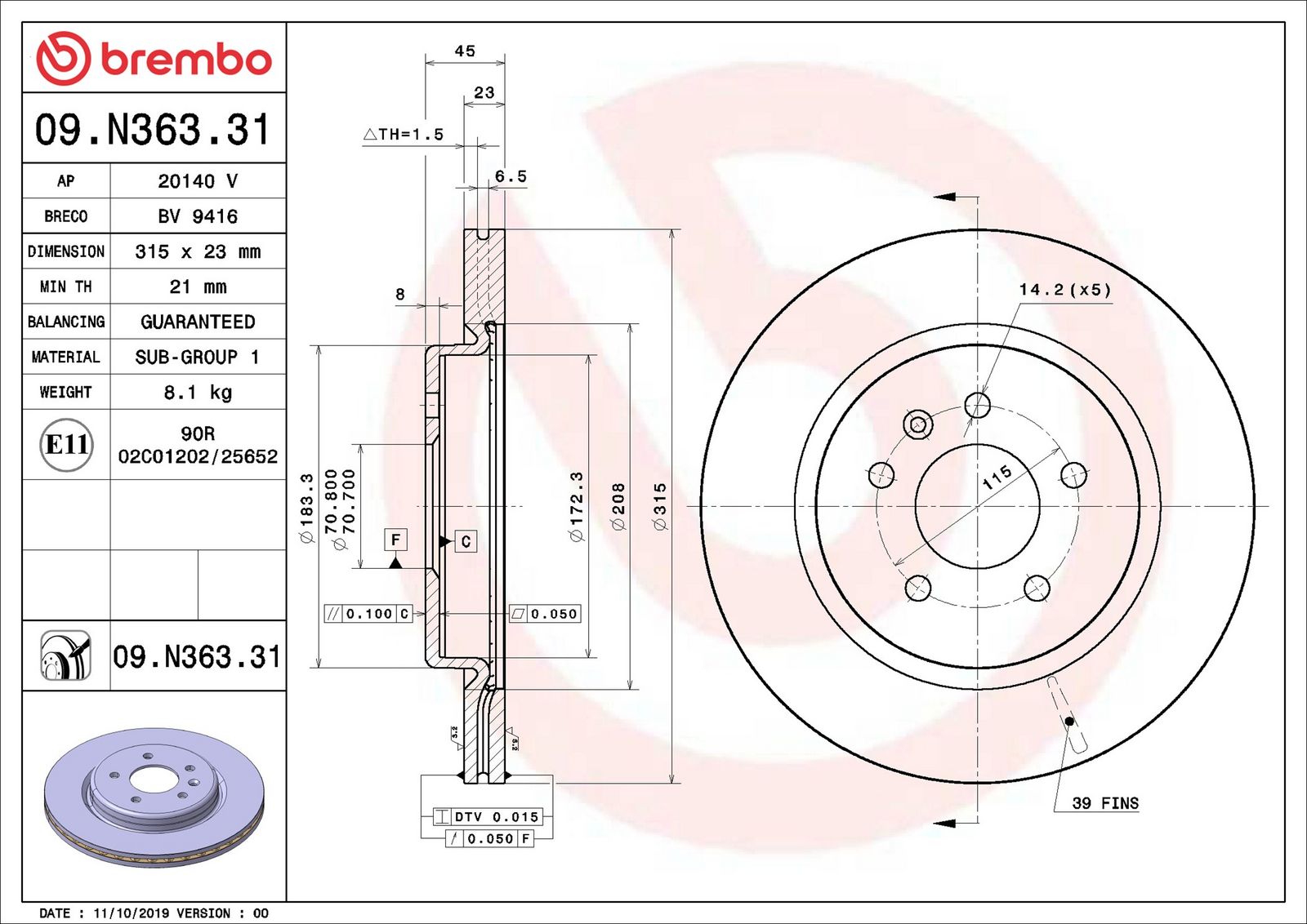 BREMBO 09.N363.31 - Bremsscheibe