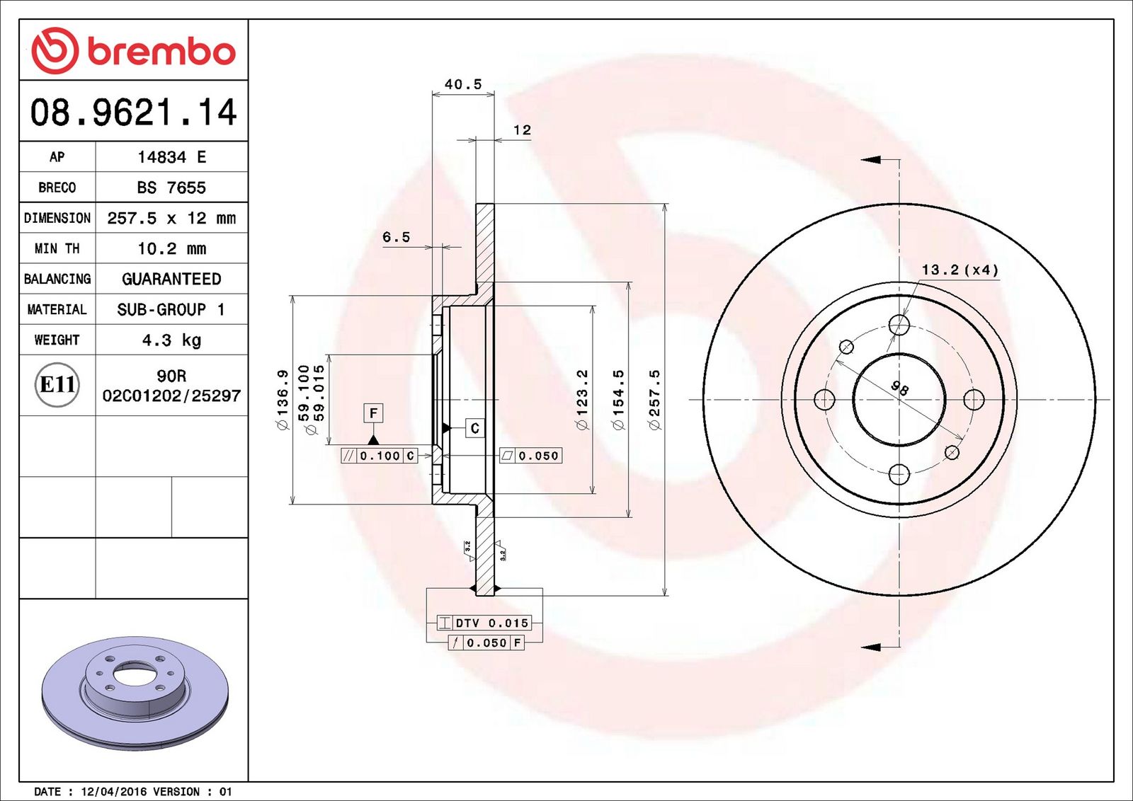 BREMBO 08.9621.14 - Bremsscheibe