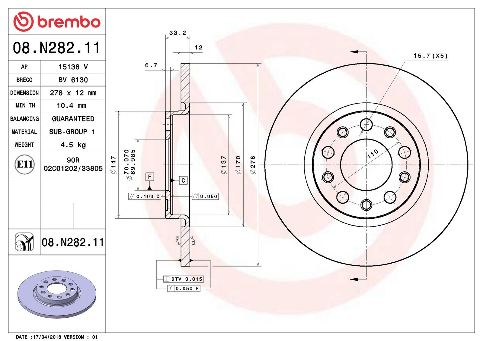 BREMBO 08.N282.11 - Bremsscheibe