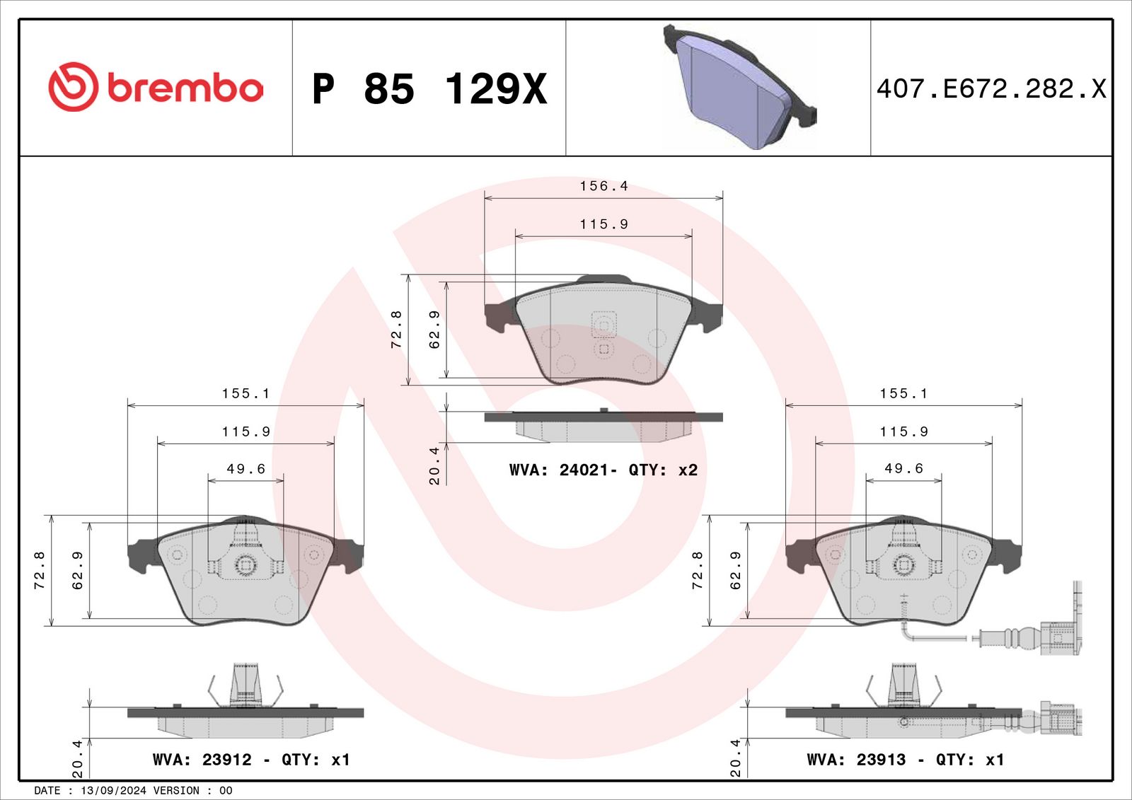 BREMBO P 85 129X - Bremsbelagsatz, Scheibenbremse