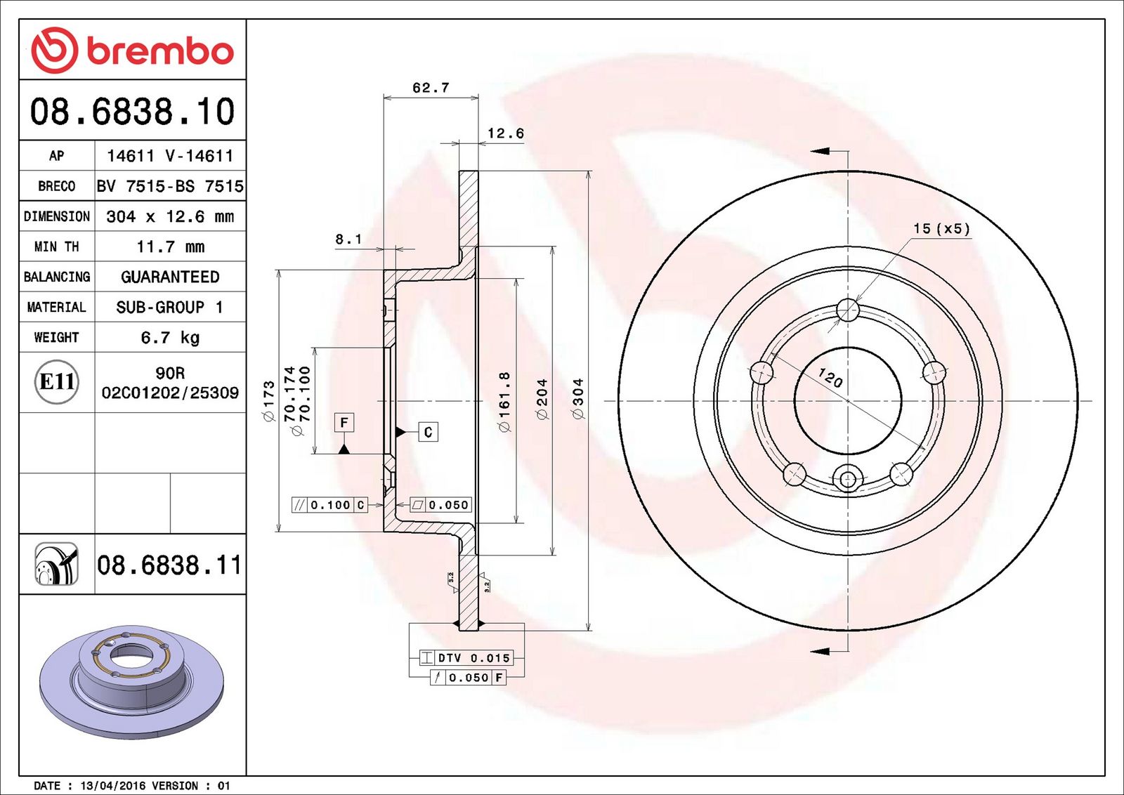 BREMBO 08.6838.11 - Bremsscheibe