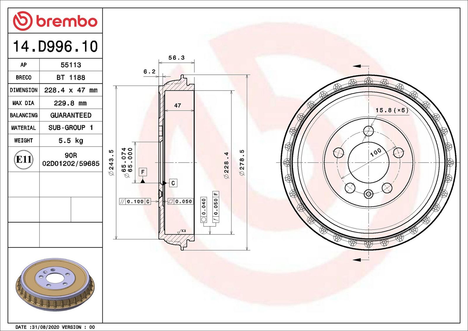 BREMBO 14.D996.10 - Bremstrommel