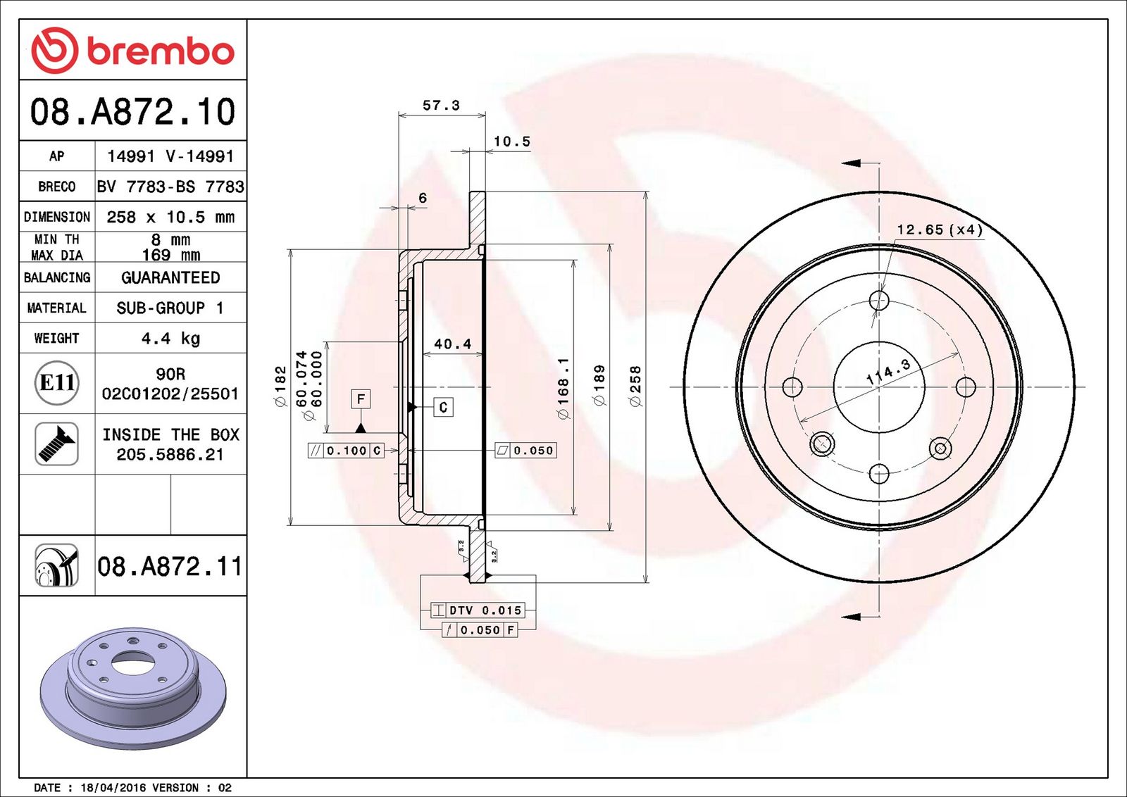 BREMBO 08.A872.11 - Bremsscheibe