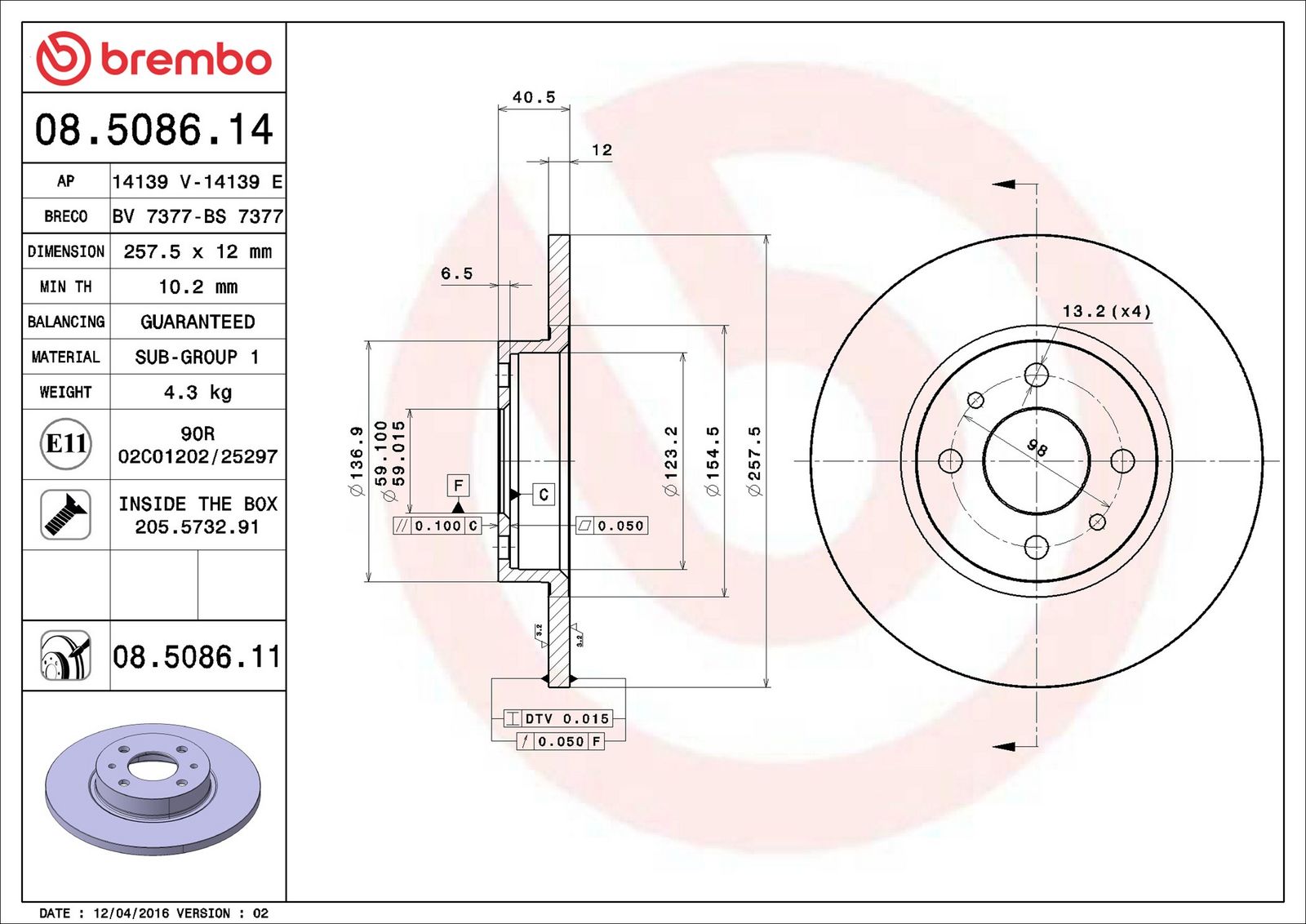 BREMBO 08.5086.11 - Bremsscheibe
