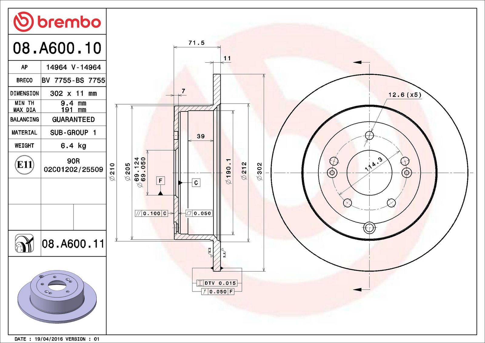 BREMBO 08.A600.11 - Bremsscheibe