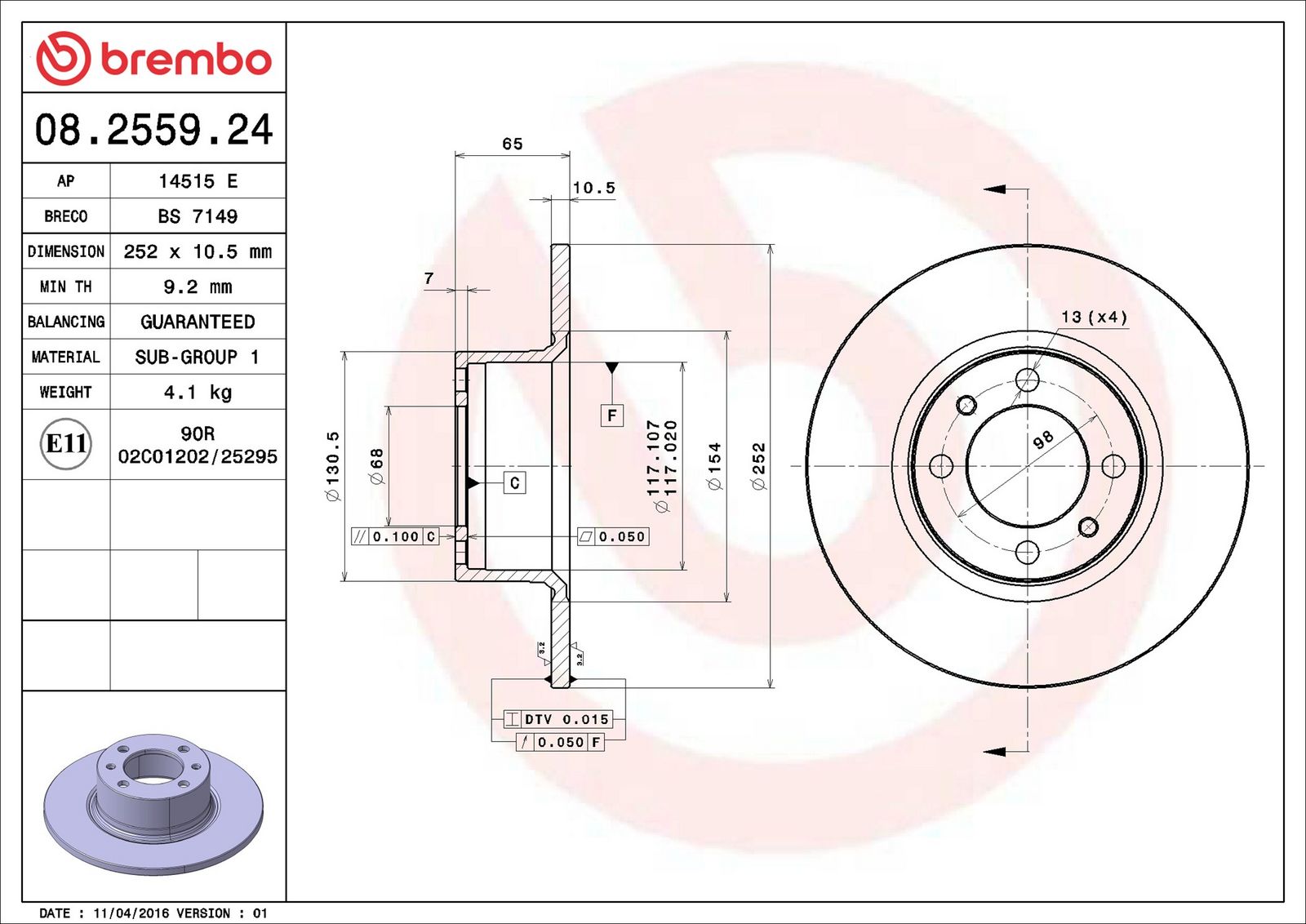 BREMBO 08.2559.24 - Bremsscheibe