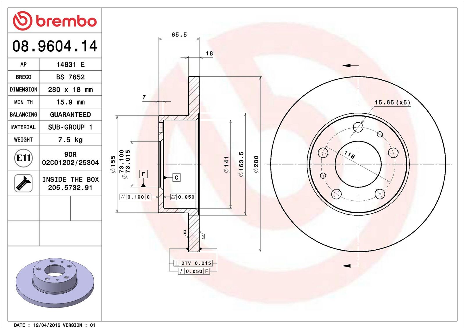 BREMBO 08.9604.14 - Bremsscheibe