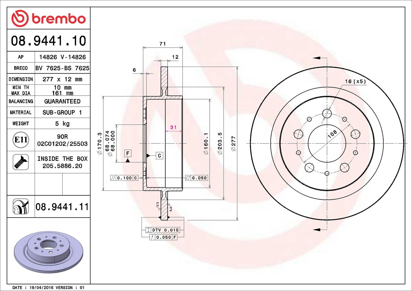 BREMBO 08.9441.11 - Bremsscheibe