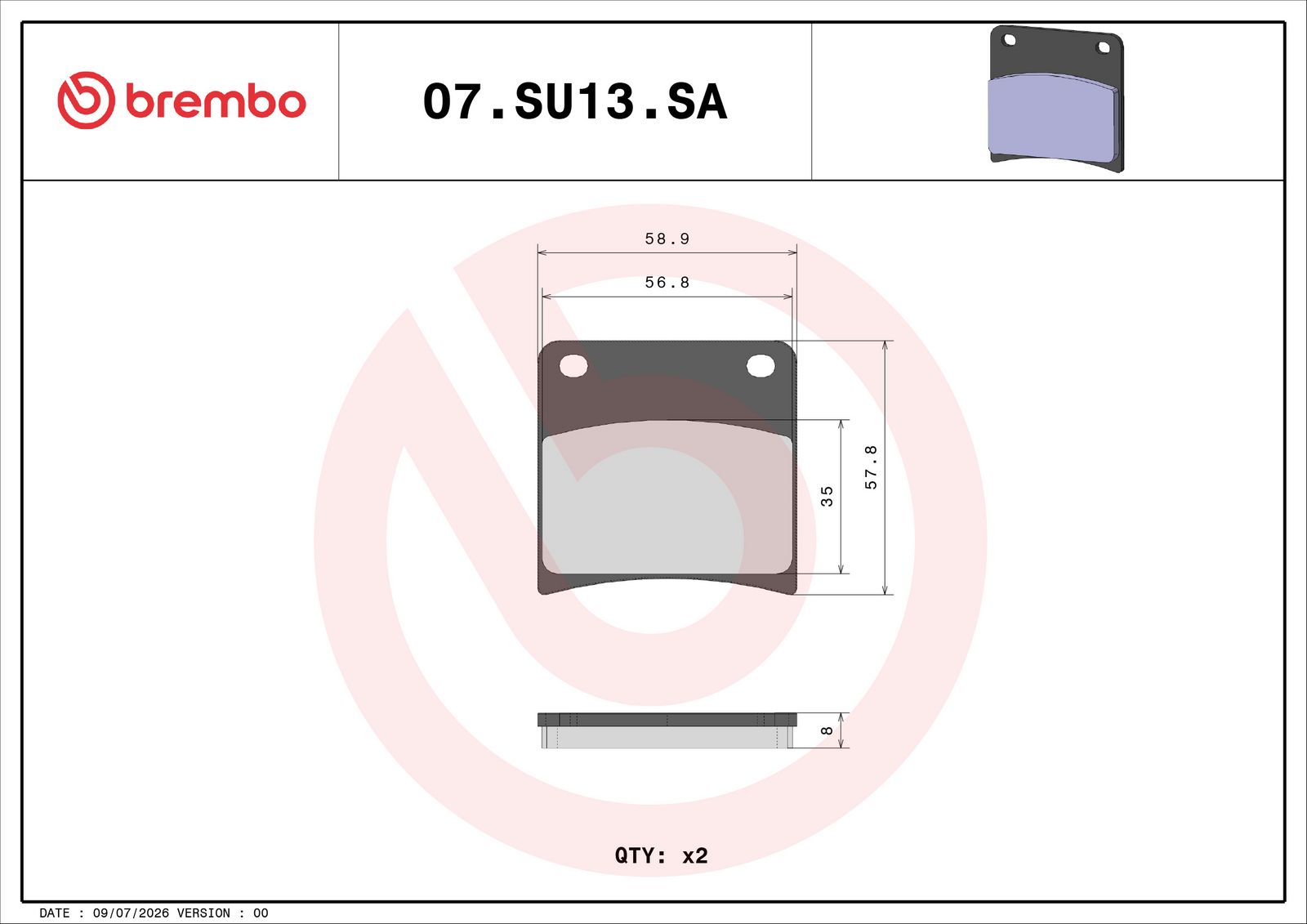 BREMBO 07SU13SA - Bremsbelagsatz, Scheibenbremse