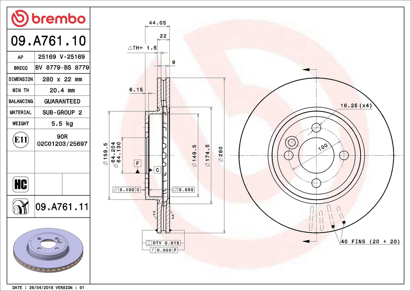BREMBO 09.A761.11 - Bremsscheibe
