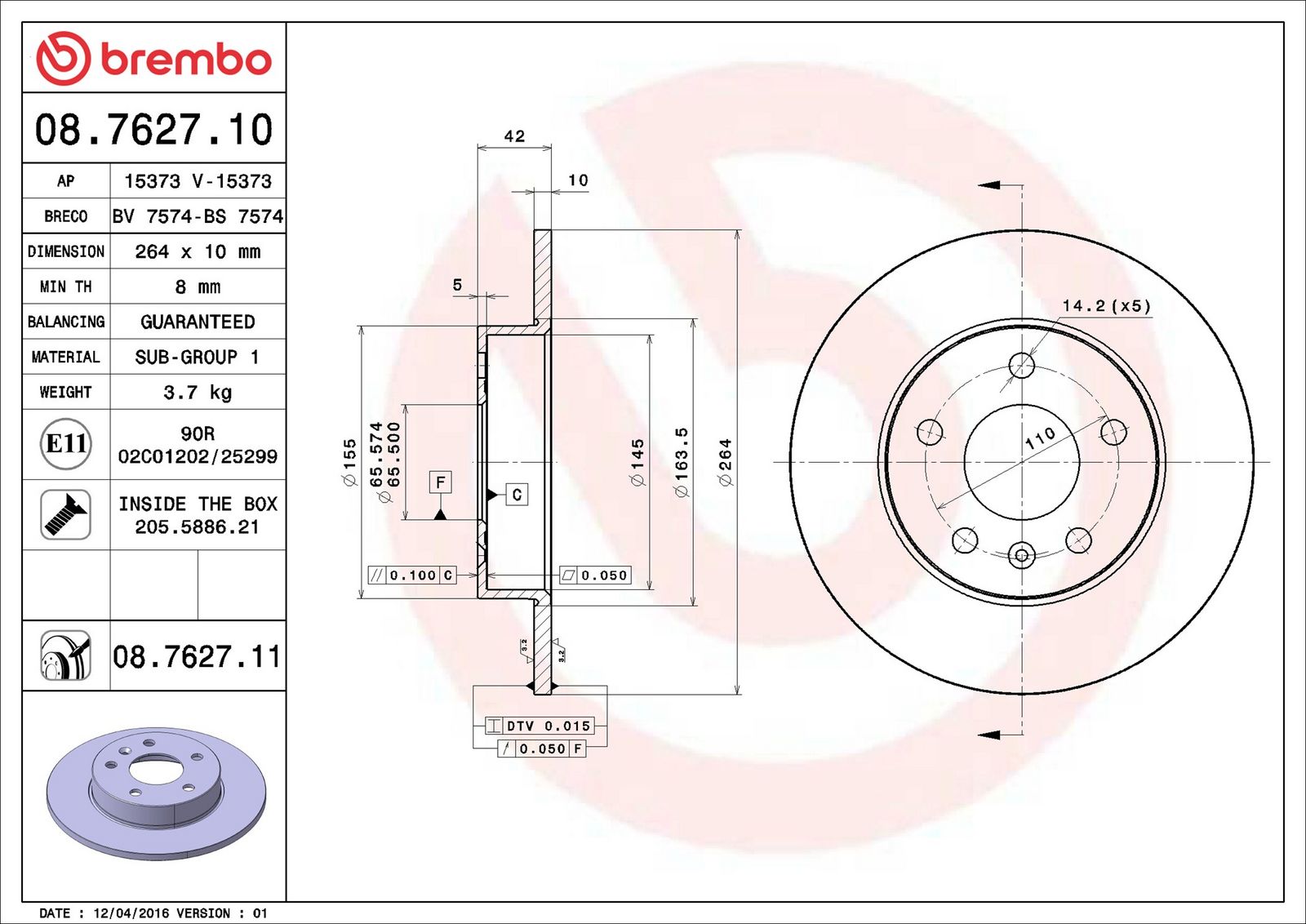 BREMBO 08.7627.11 - Bremsscheibe