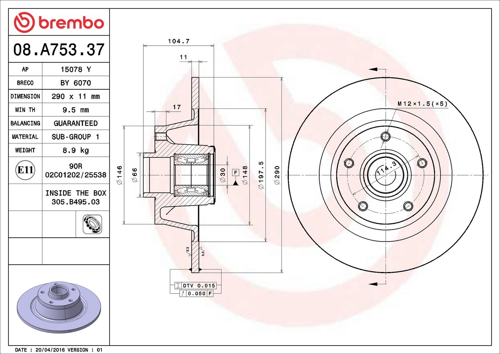 BREMBO 08.A753.37 - Bremsscheibe