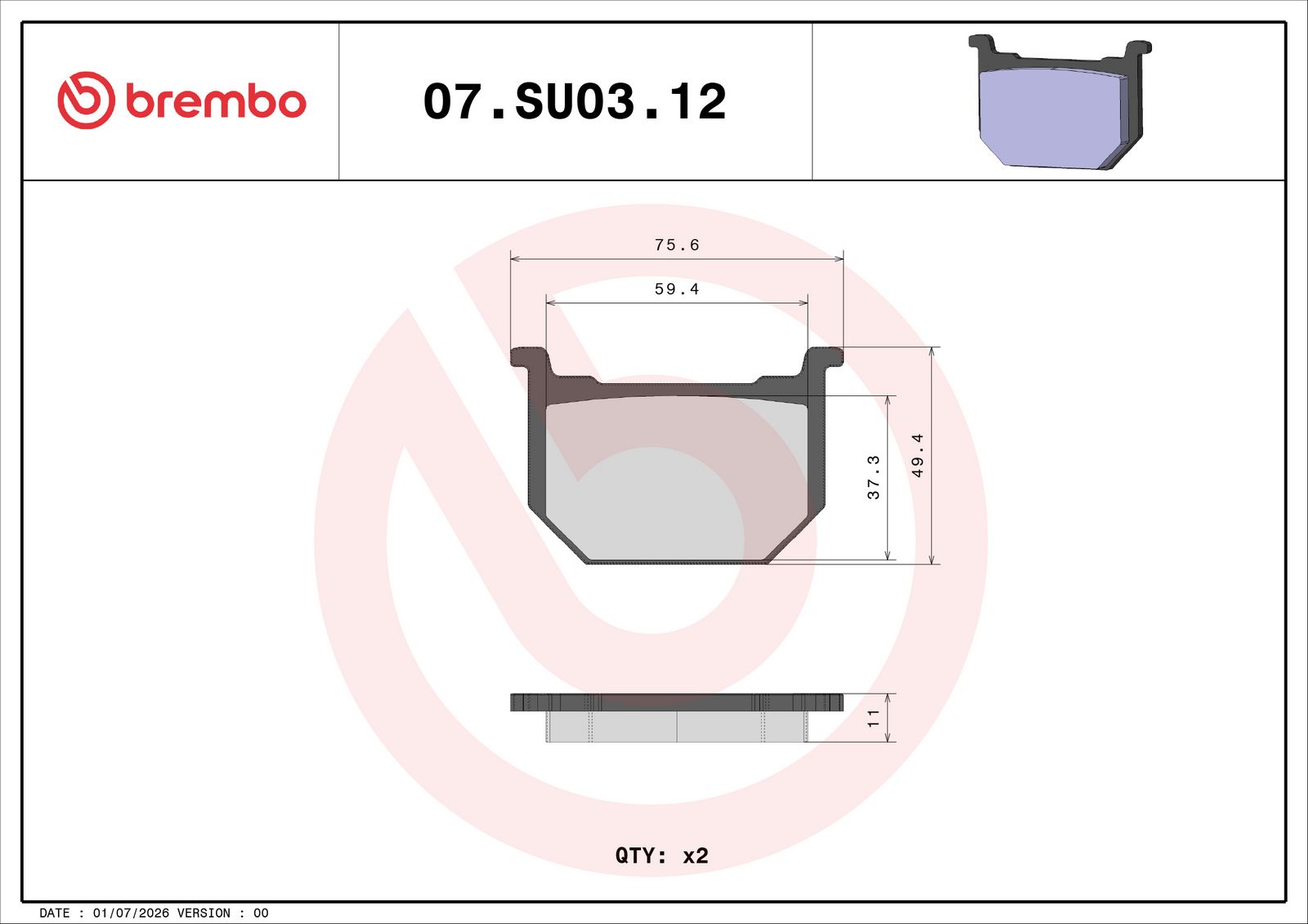 BREMBO 07SU0312 - Bremsbelagsatz, Scheibenbremse