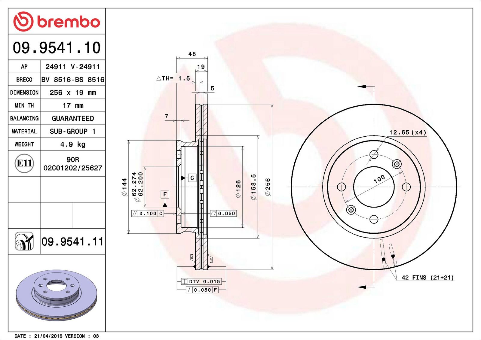 BREMBO 09.9541.11 - Bremsscheibe