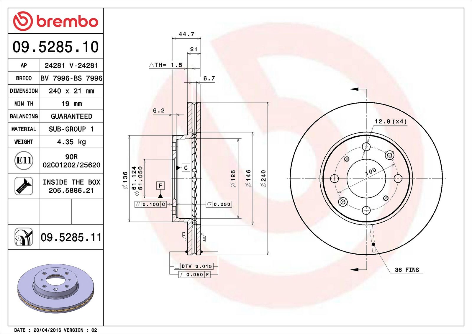 BREMBO 09.5285.11 - Bremsscheibe
