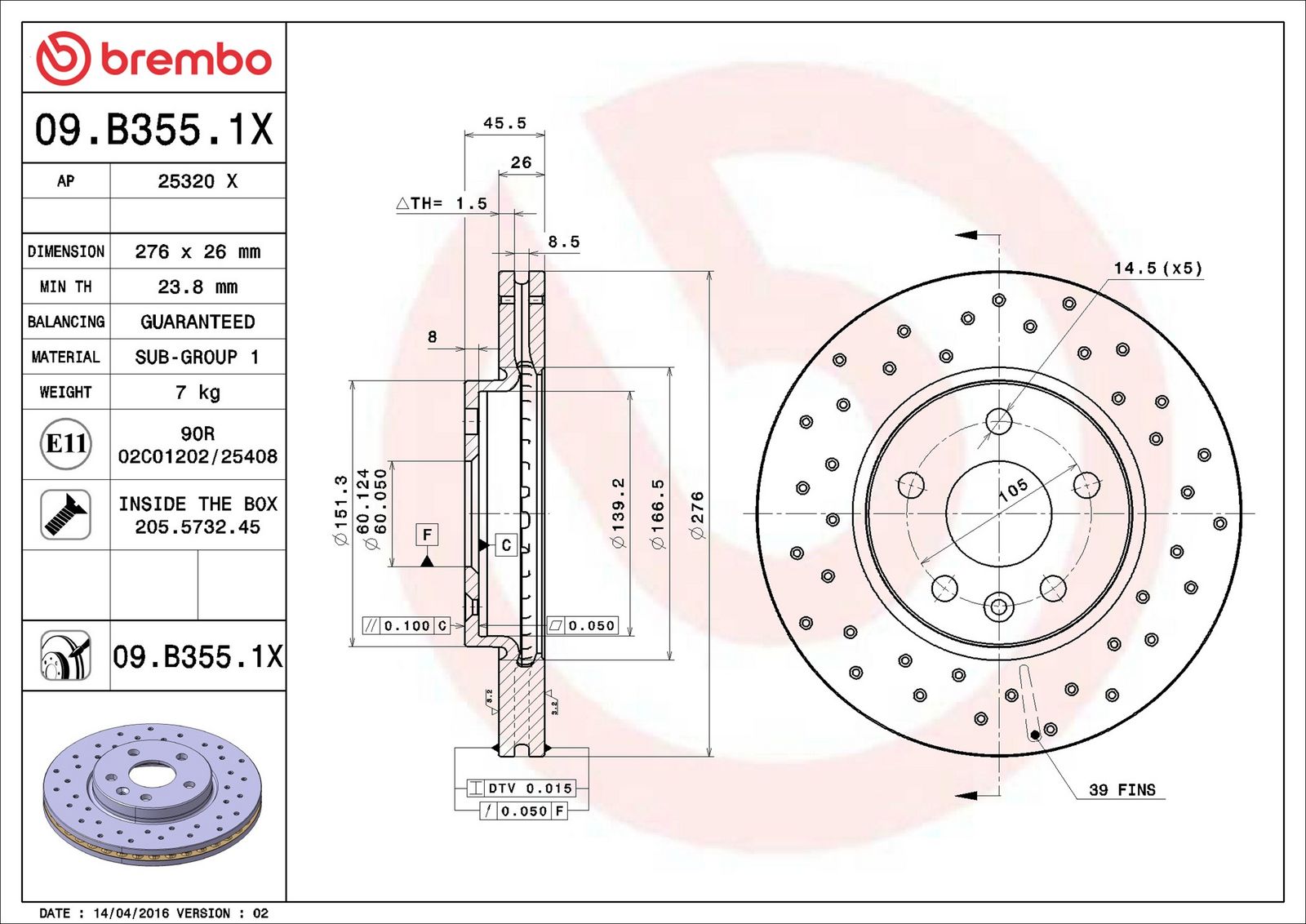 BREMBO 09.B355.1X - Bremsscheibe
