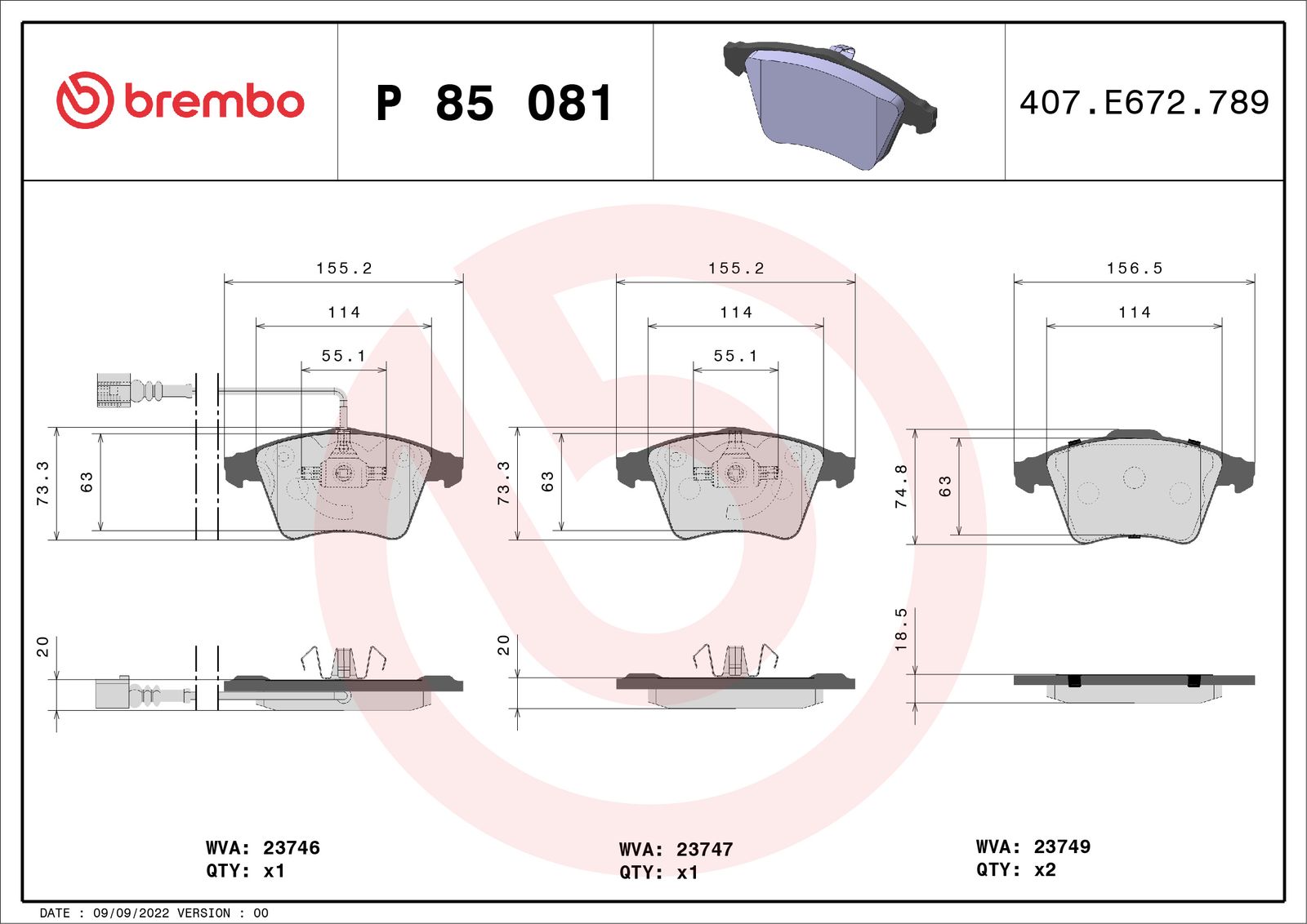 BREMBO P 85 081 - Bremsbelagsatz, Scheibenbremse