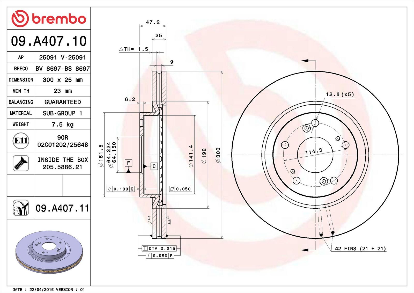 BREMBO 09.A407.11 - Bremsscheibe