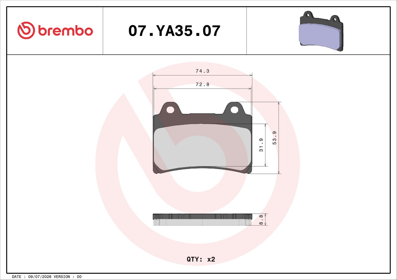 BREMBO 07YA3507 - Bremsbelagsatz, Scheibenbremse
