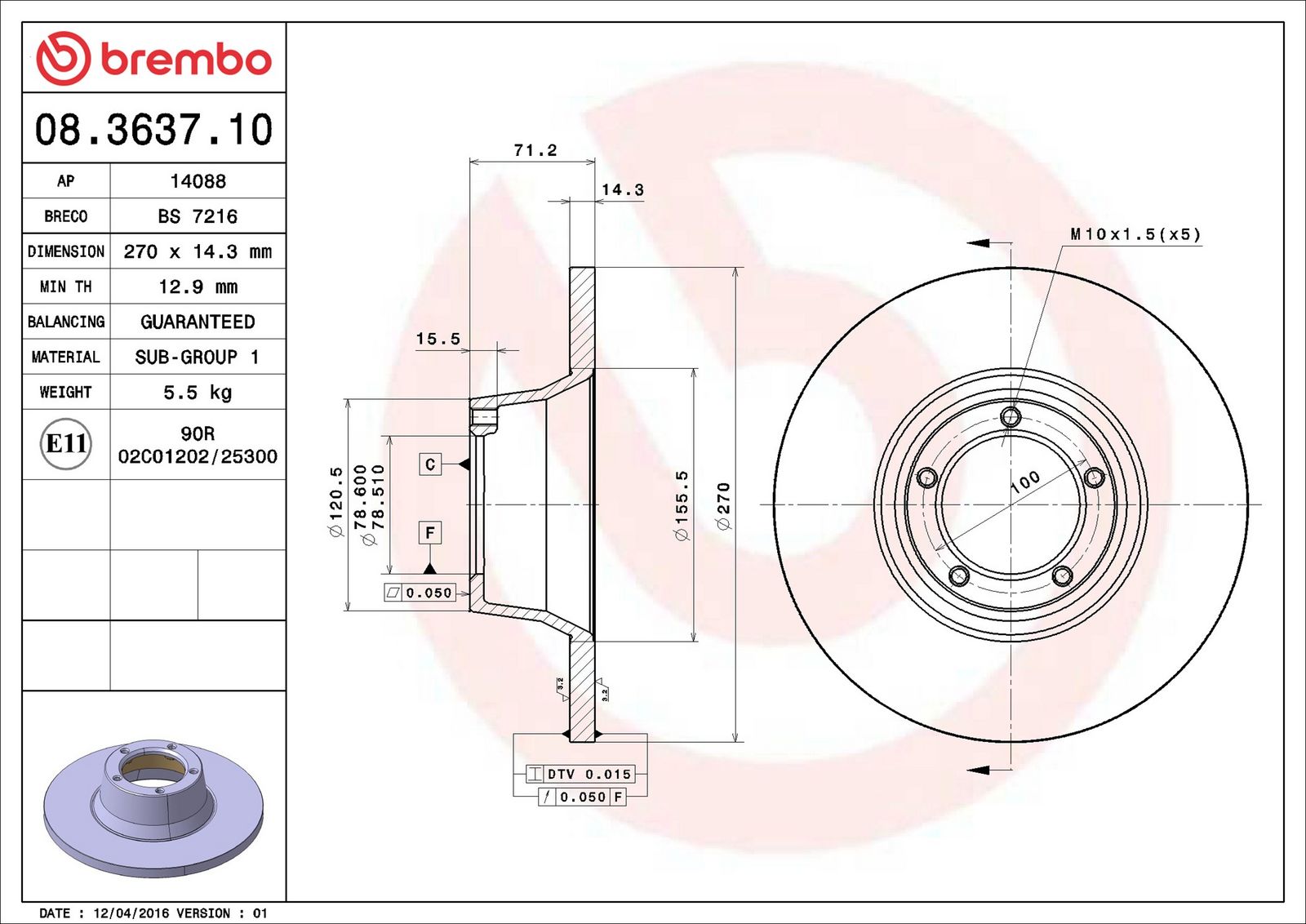 BREMBO 08.3637.10 - Bremsscheibe
