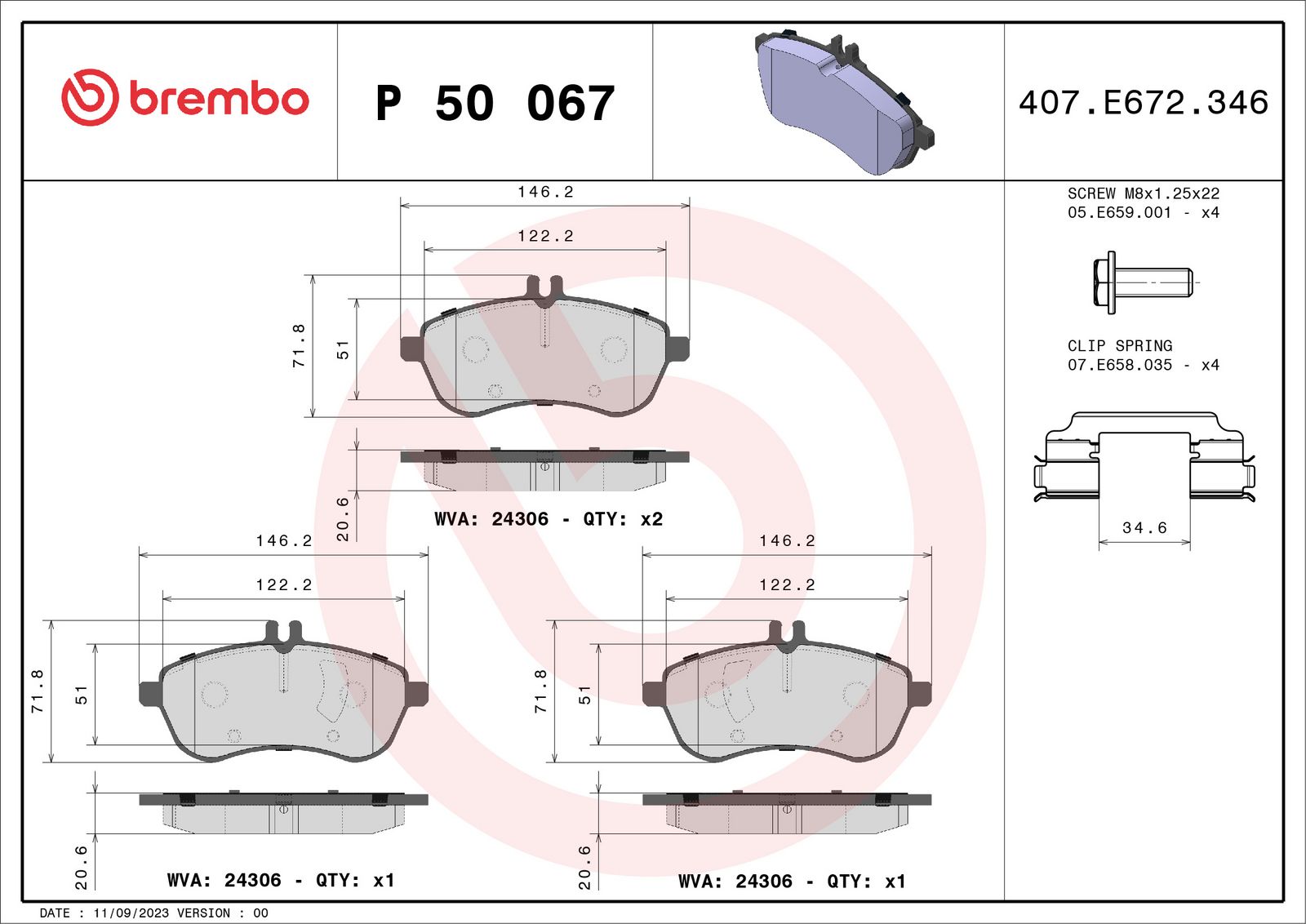 BREMBO P 50 067 - Bremsbelagsatz, Scheibenbremse