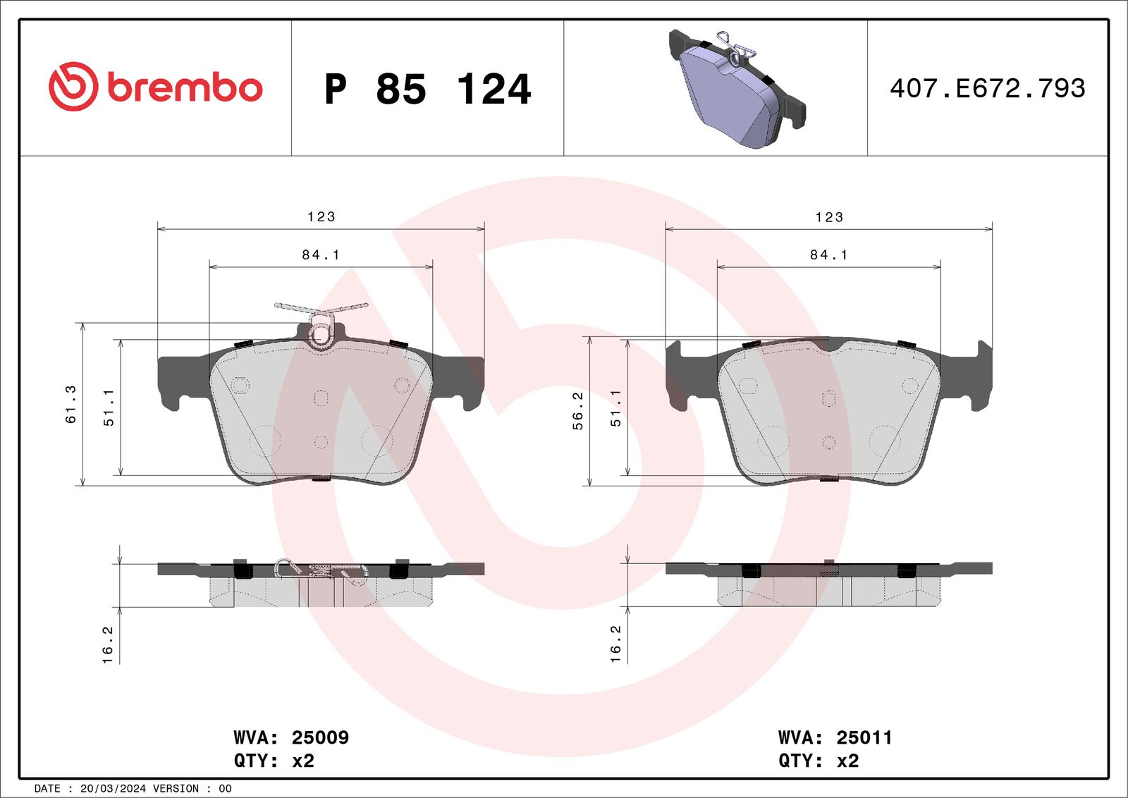 BREMBO P 85 124X - Bremsbelagsatz, Scheibenbremse