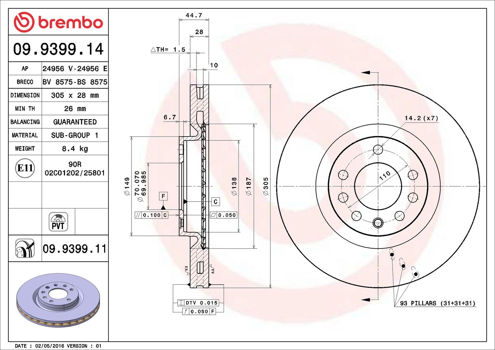 BREMBO 09.9399.11 - Bremsscheibe