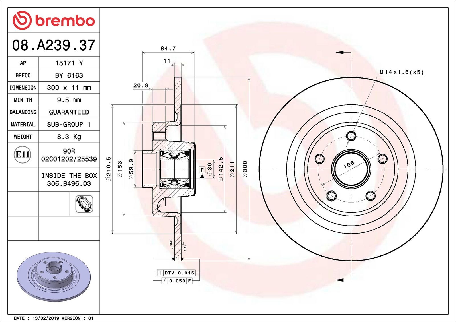 BREMBO 08.A239.37 - Bremsscheibe