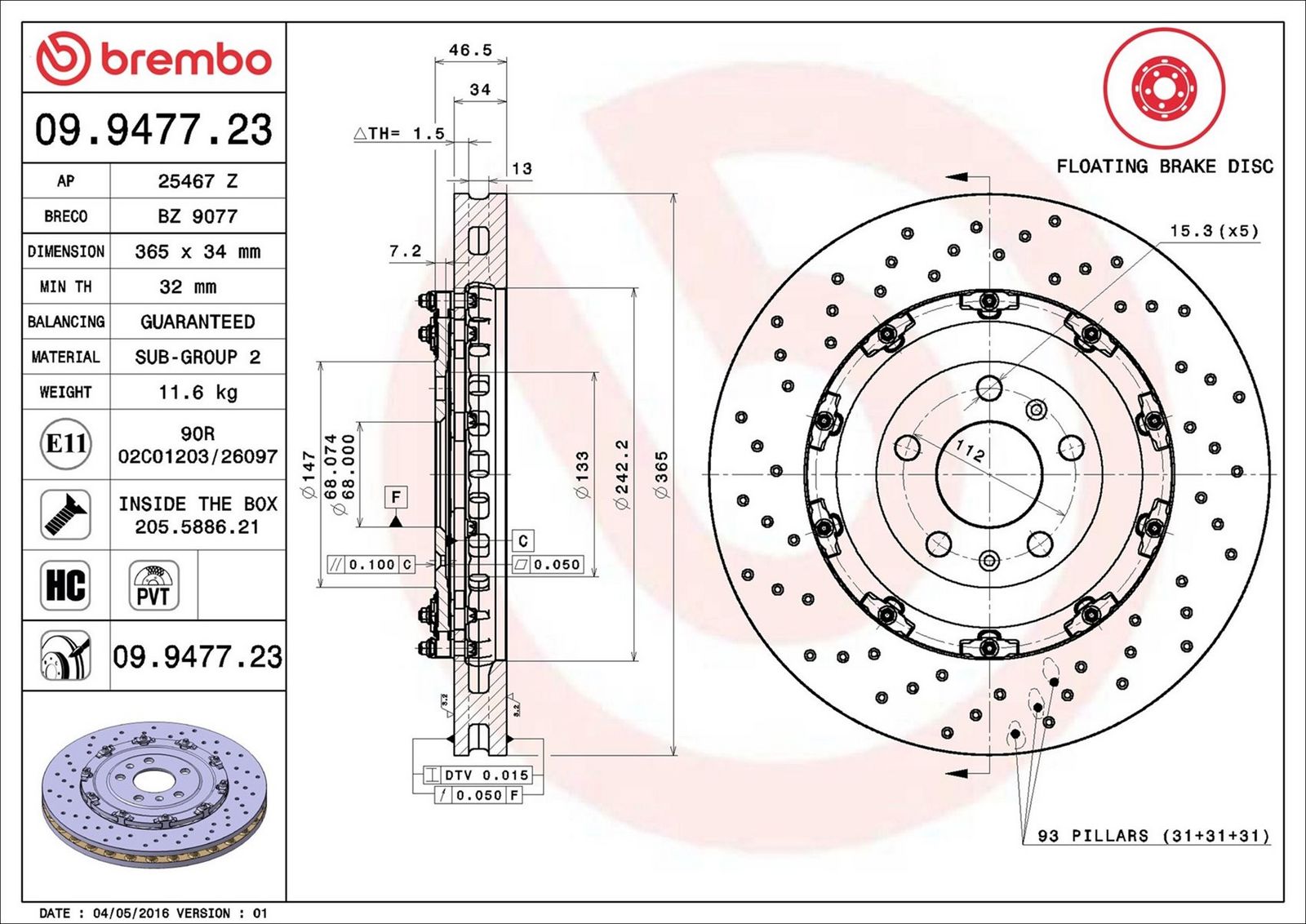 BREMBO 09.9477.23 - Bremsscheibe
