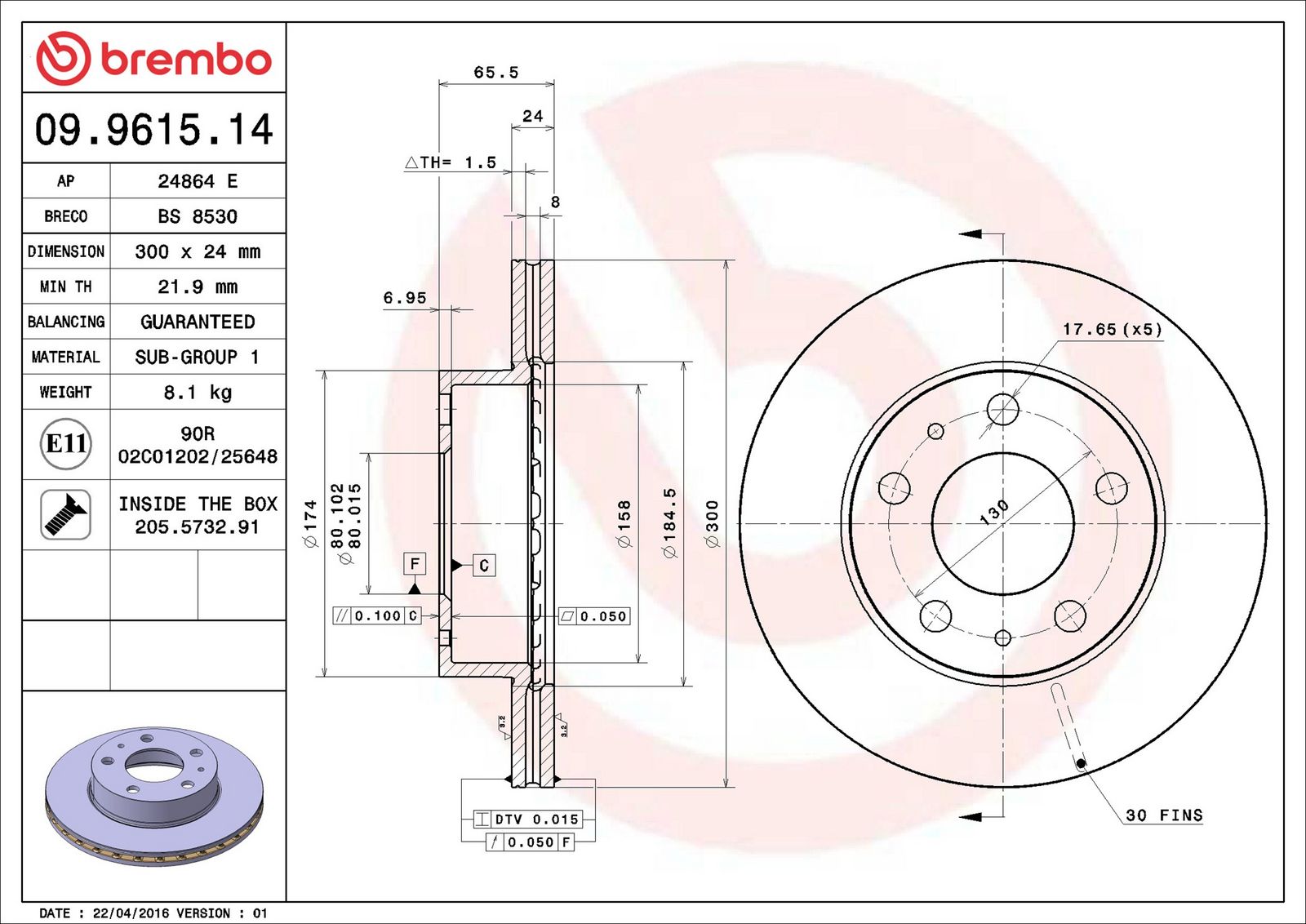 BREMBO 09.9615.14 - Bremsscheibe