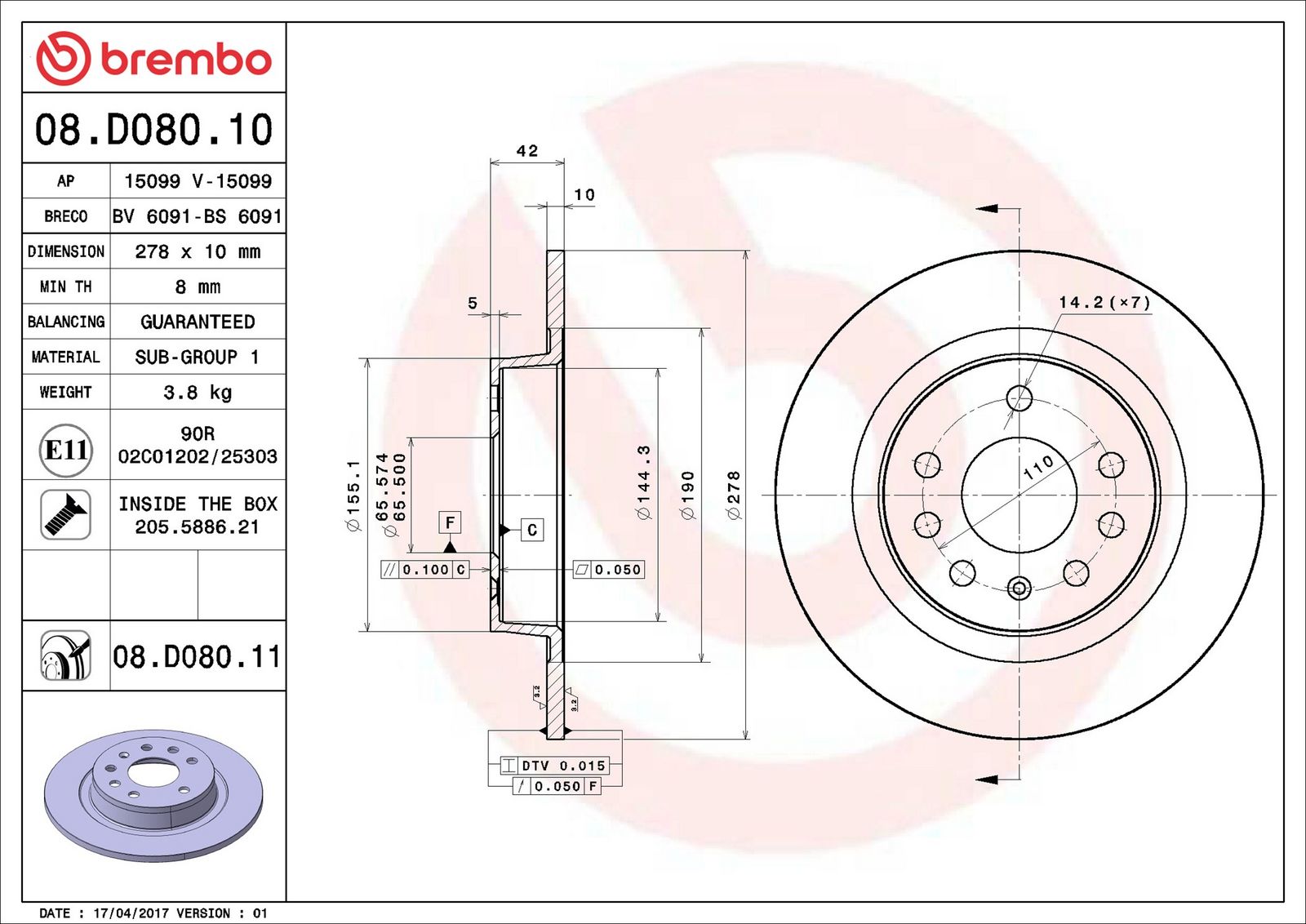 BREMBO 08.D080.11 - Bremsscheibe