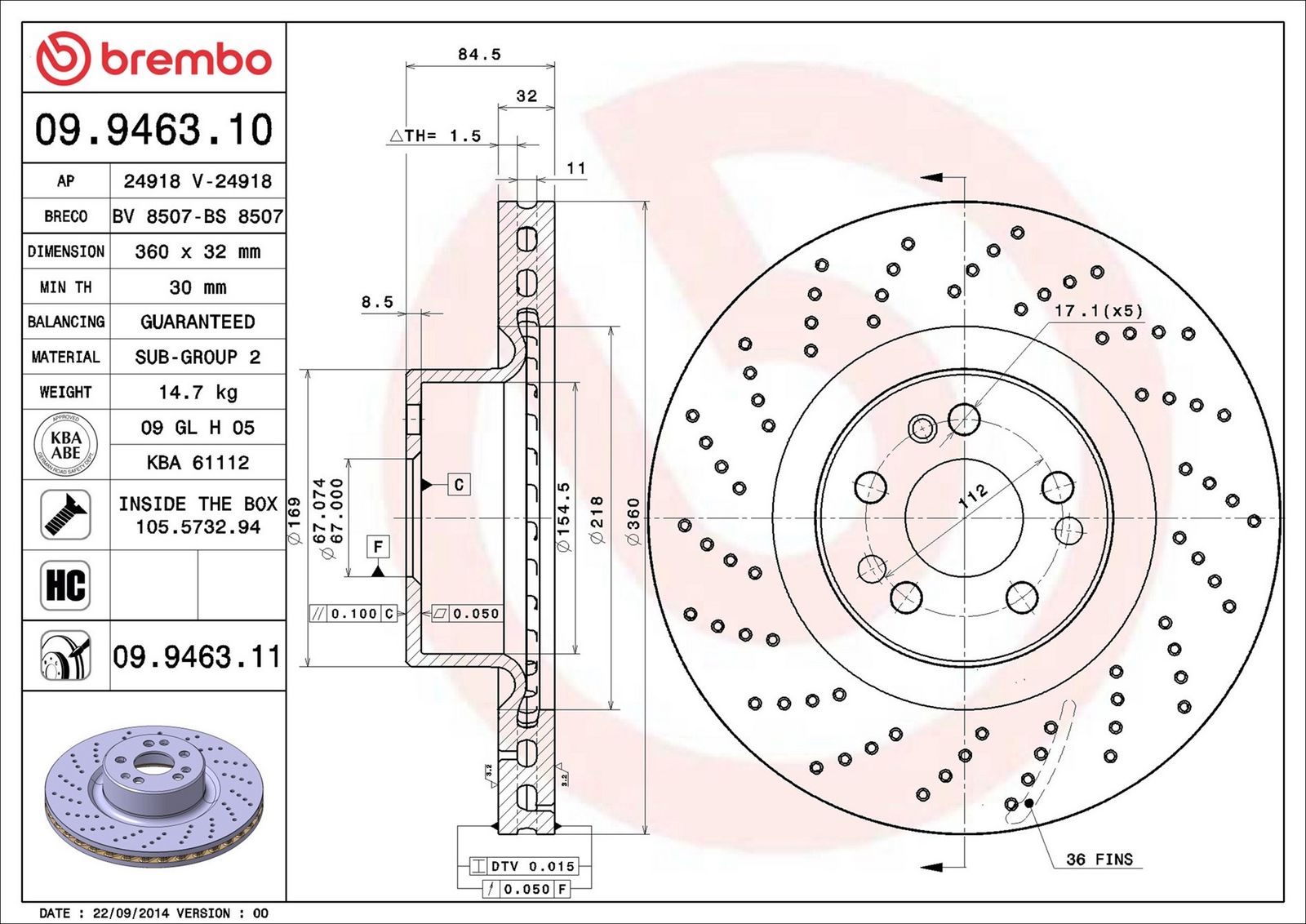 BREMBO 09.9463.11 - Bremsscheibe