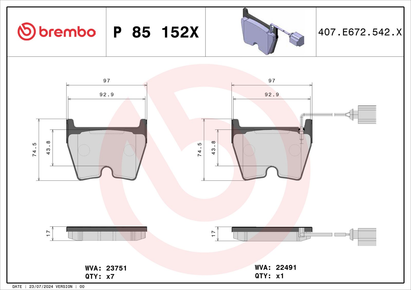 BREMBO P 85 152X - Bremsbelagsatz, Scheibenbremse