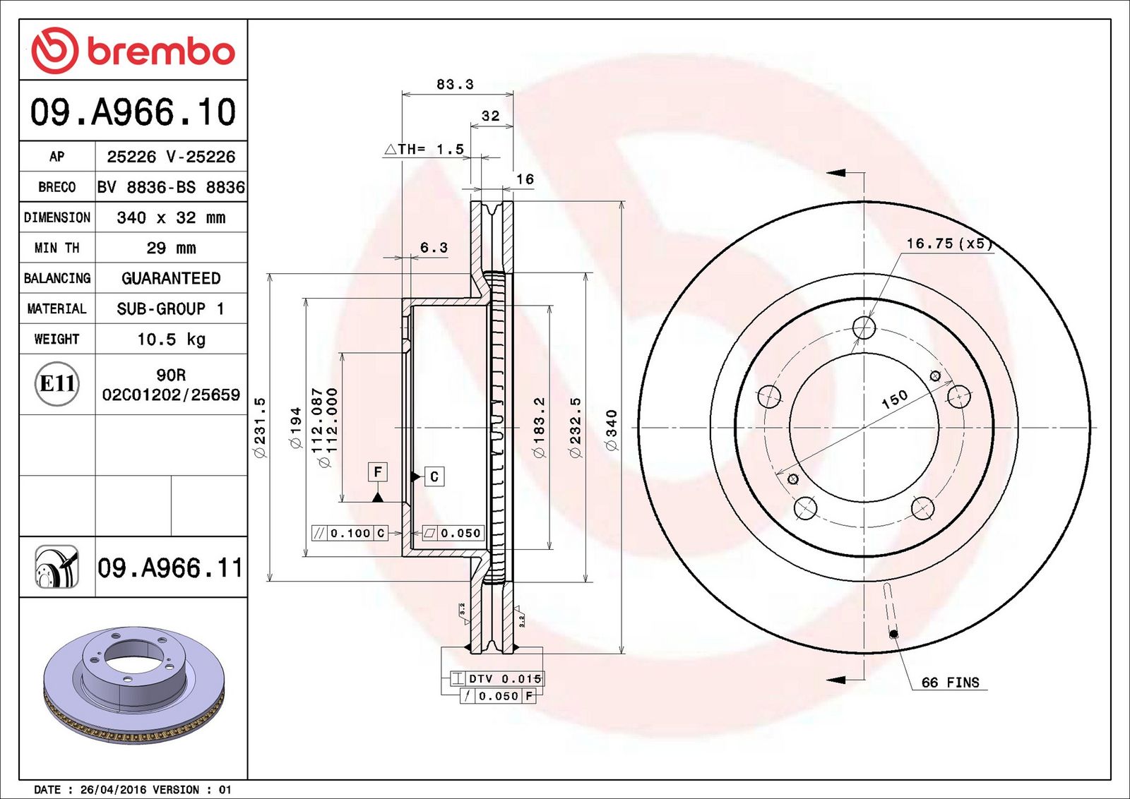 BREMBO 09.A966.11 - Bremsscheibe