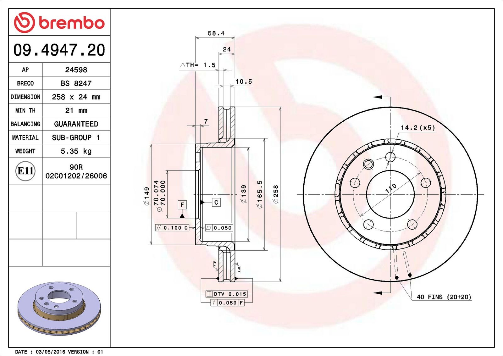 BREMBO 09.4947.20 - Bremsscheibe