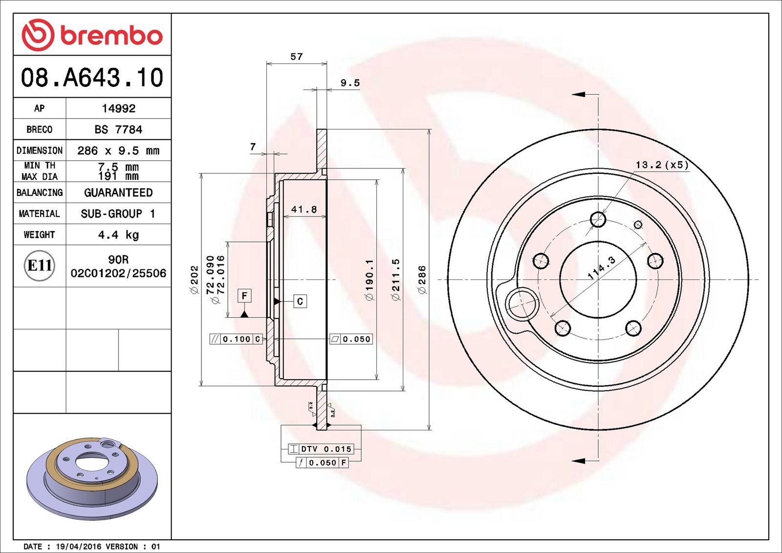 BREMBO 08.A643.10 - Bremsscheibe