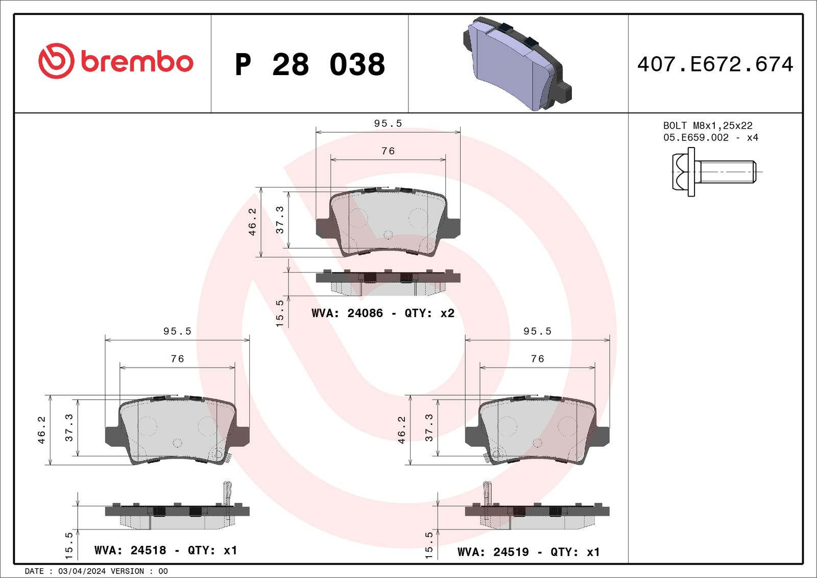 BREMBO P 28 038 - Bremsbelagsatz, Scheibenbremse