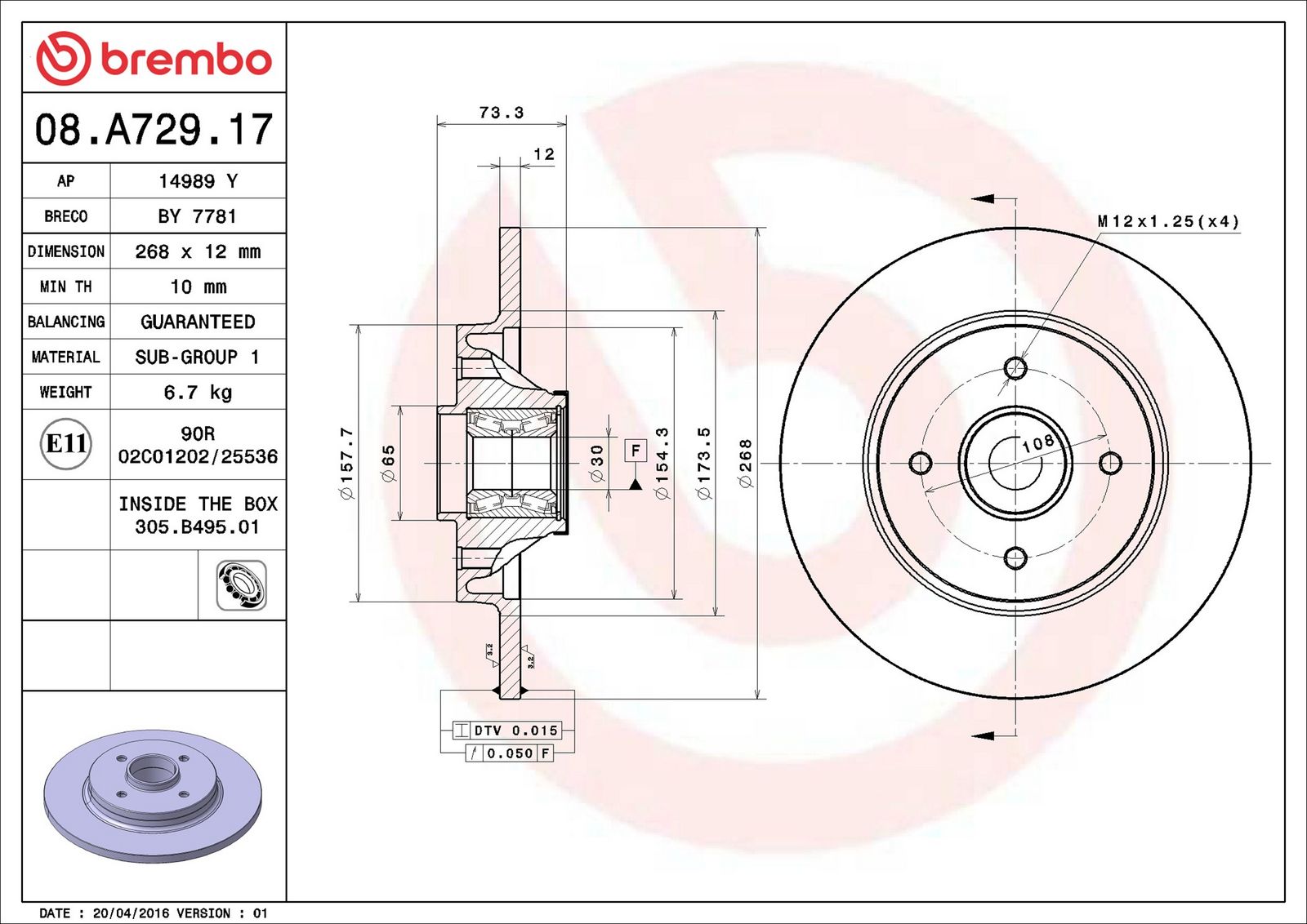 BREMBO 08.A729.17 - Bremsscheibe