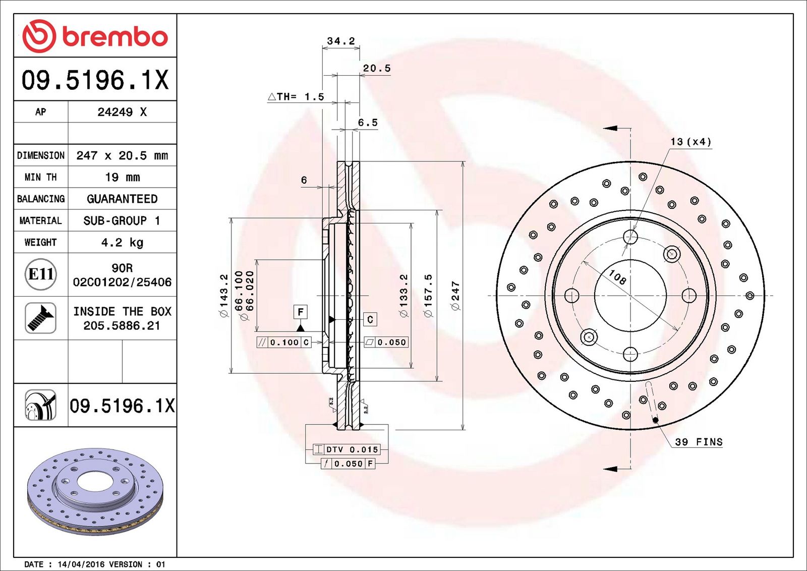 BREMBO 09.5196.1X - Bremsscheibe
