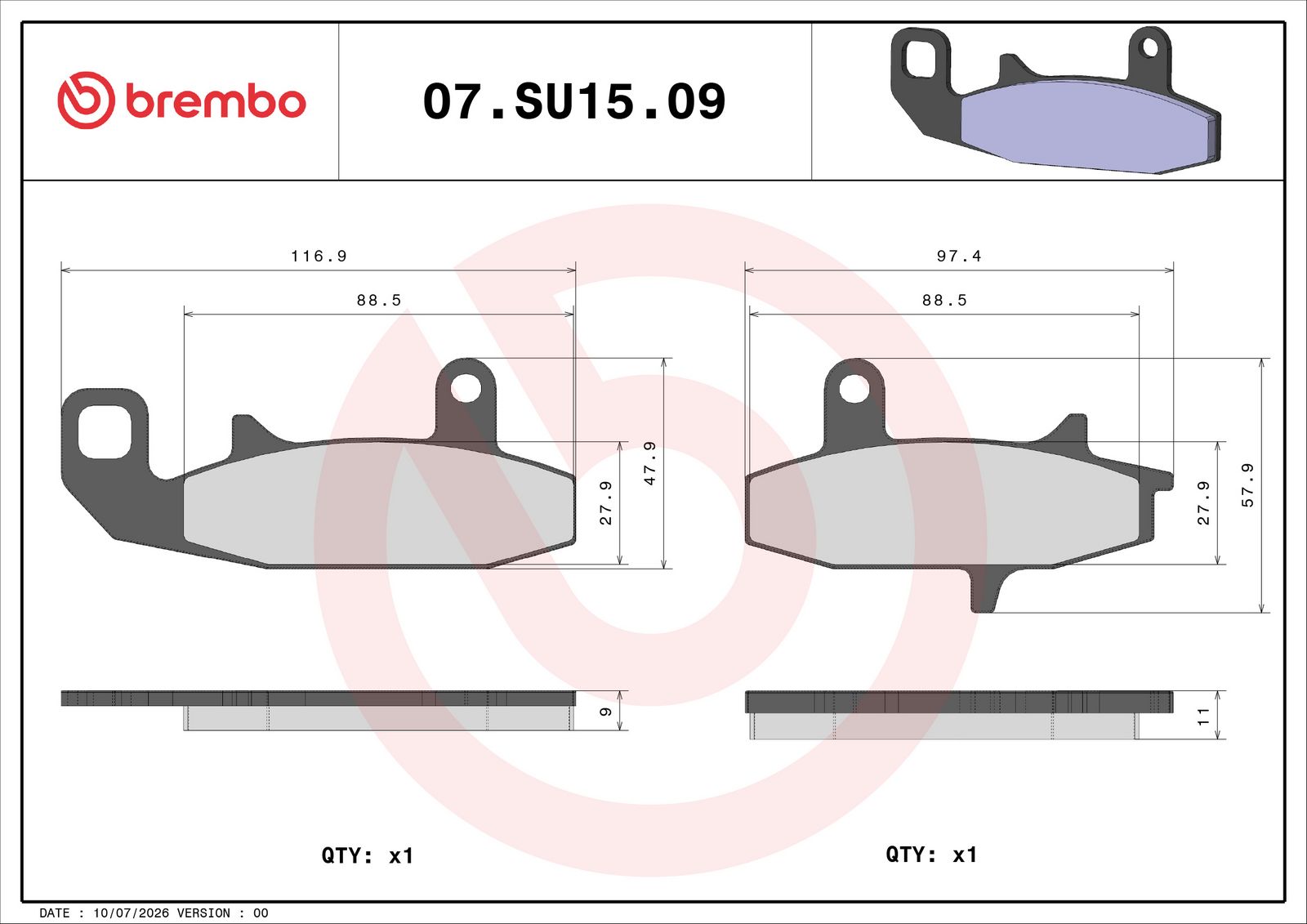 BREMBO 07SU1509 - Bremsbelagsatz, Scheibenbremse