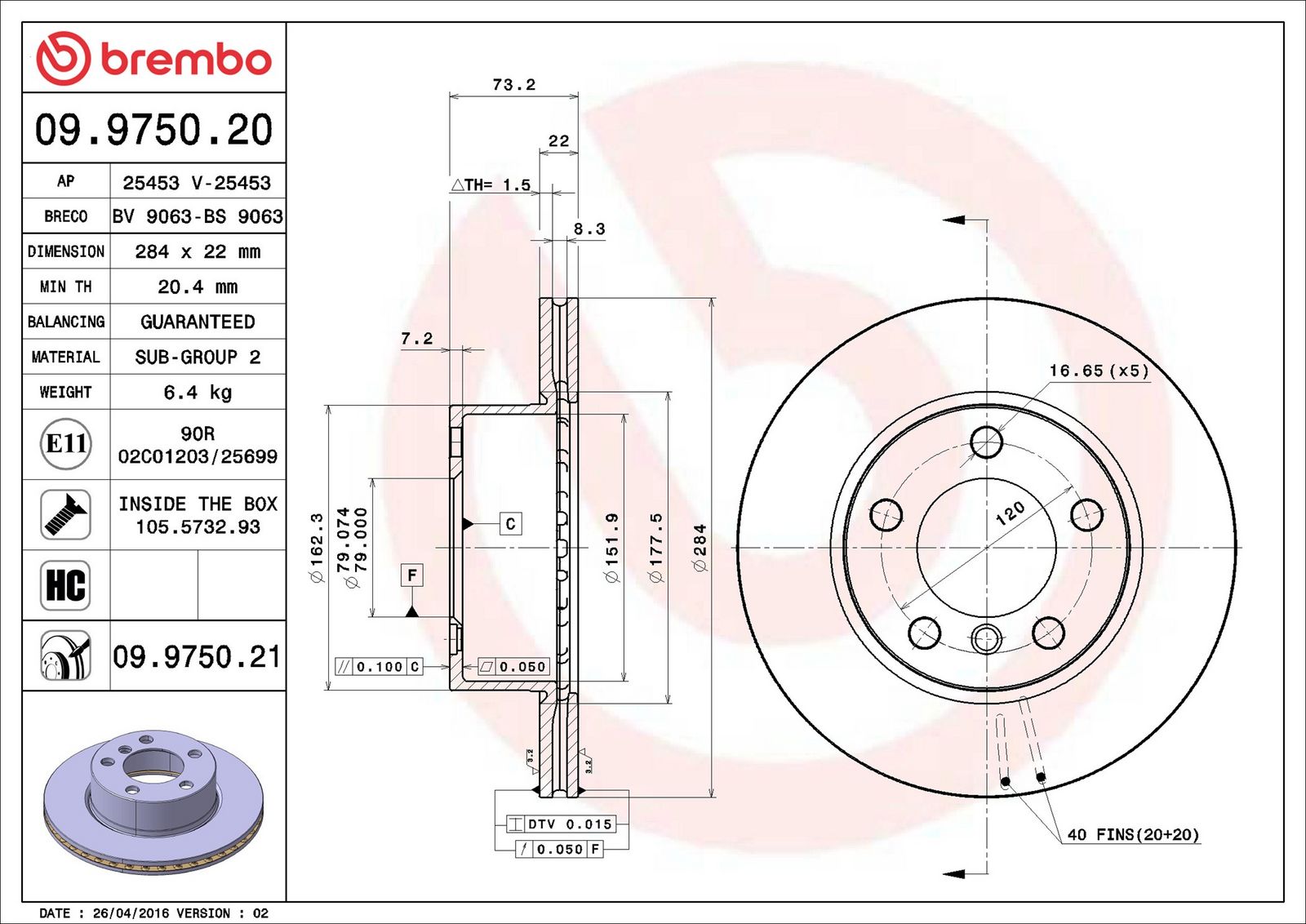 BREMBO 09.9750.21 - Bremsscheibe