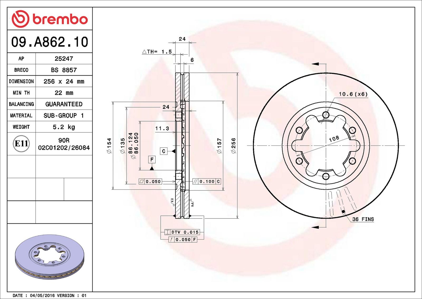 BREMBO 09.A862.10 - Bremsscheibe