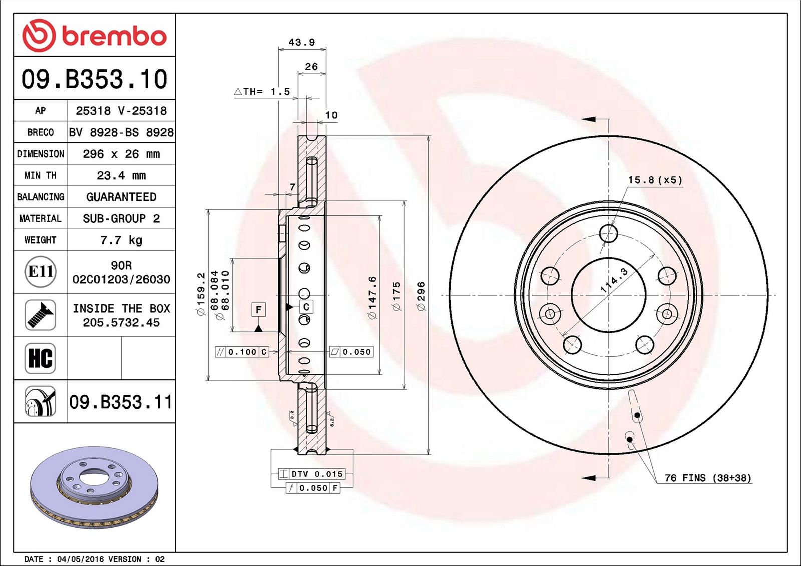 BREMBO 09.B353.11 - Bremsscheibe
