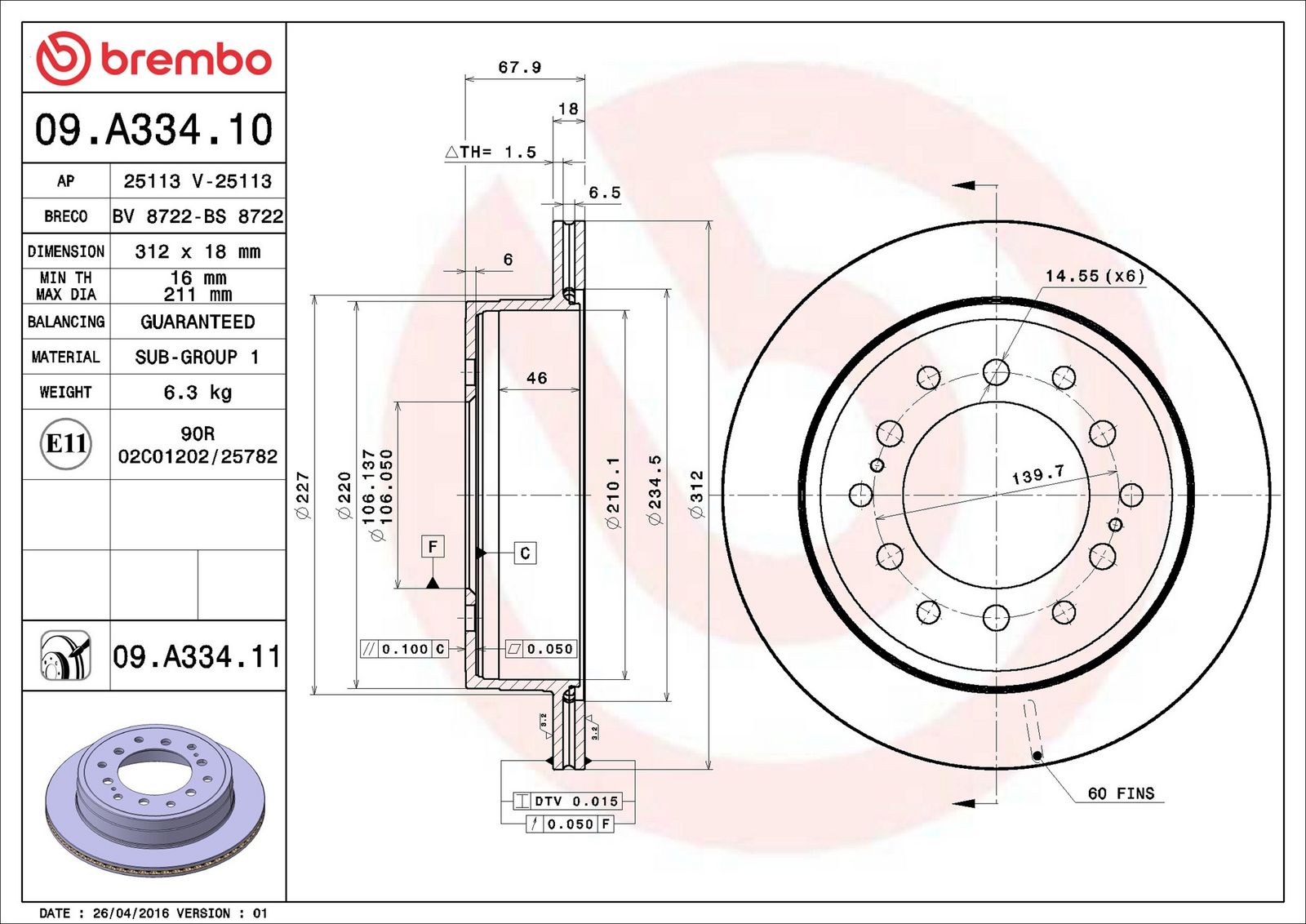 BREMBO 09.A334.11 - Bremsscheibe