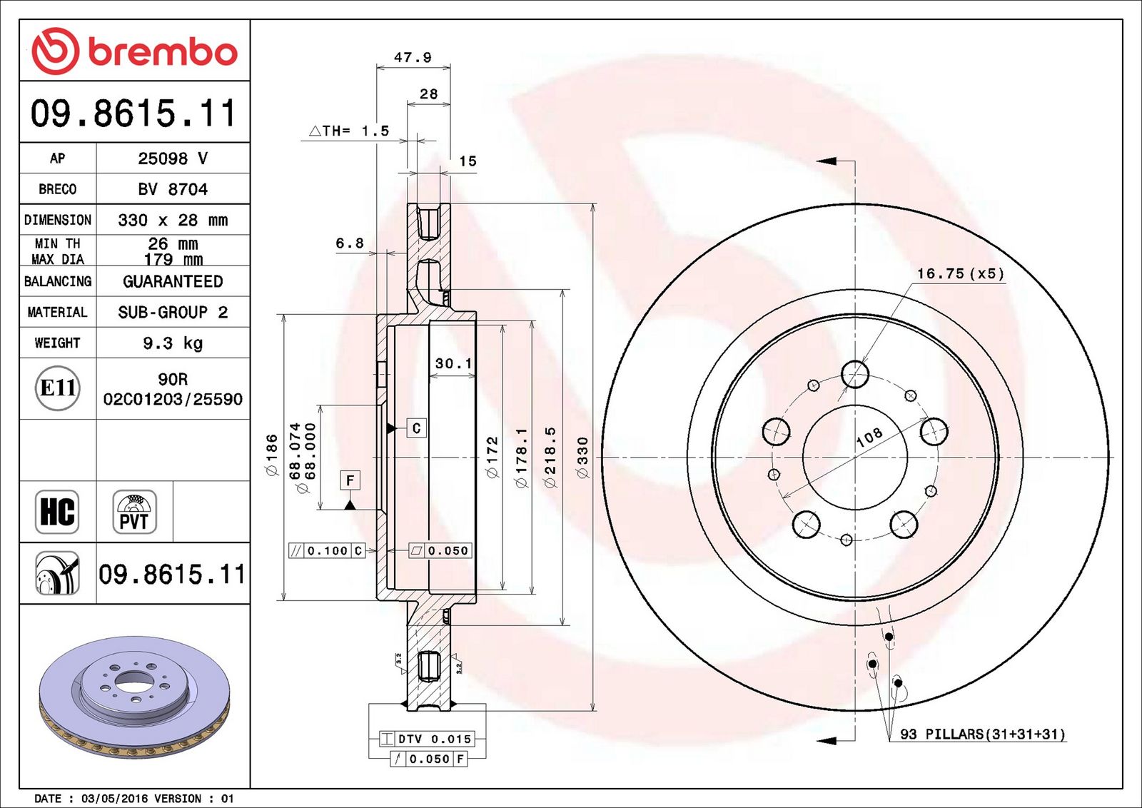 BREMBO 09.8615.11 - Bremsscheibe