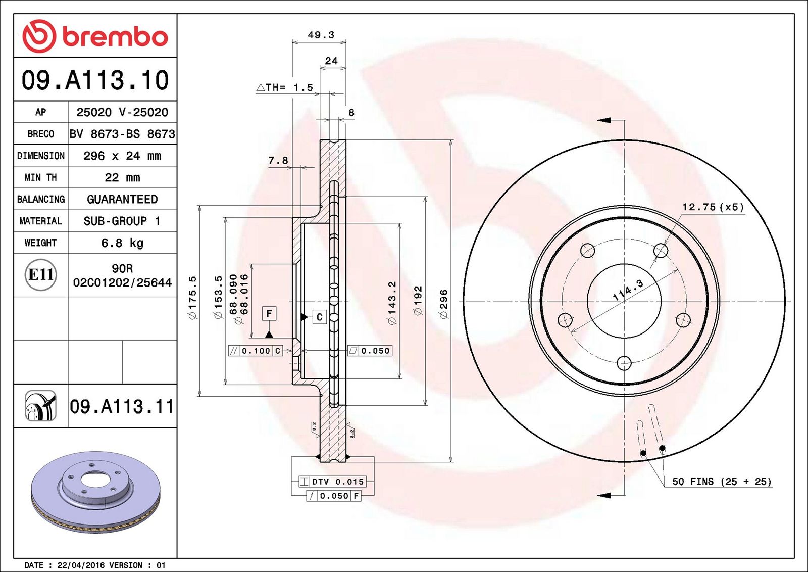 BREMBO 09.A113.11 - Bremsscheibe