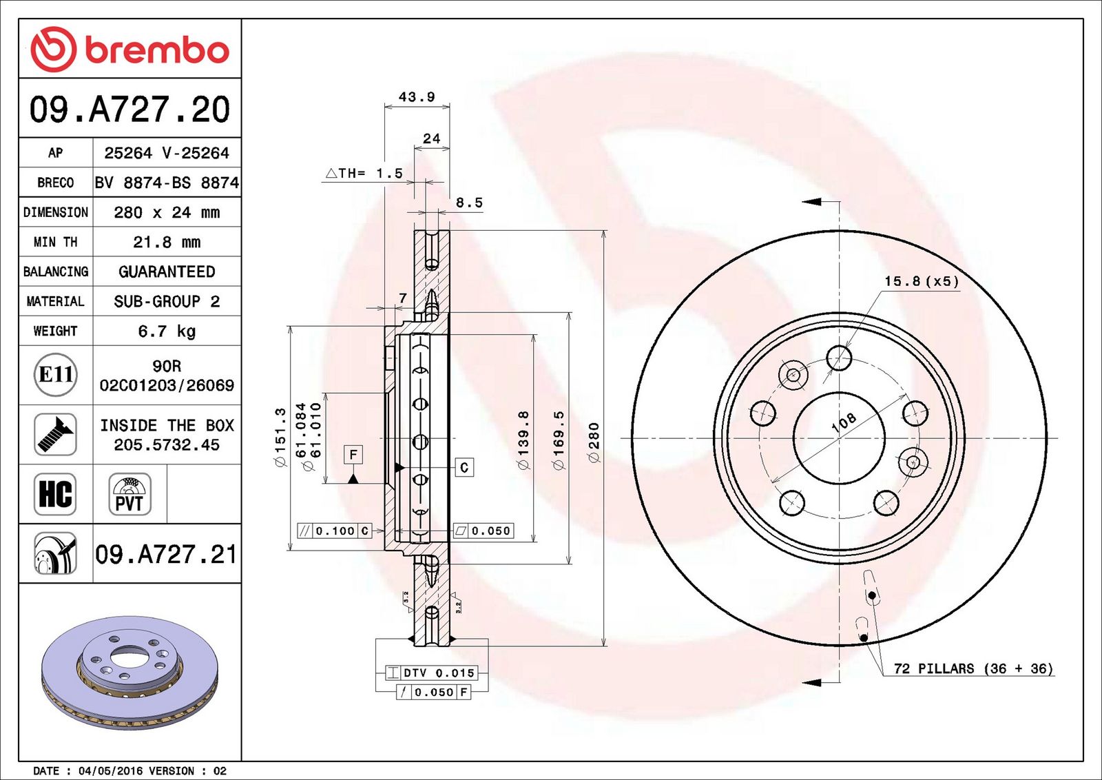 BREMBO 09.A727.21 - Bremsscheibe