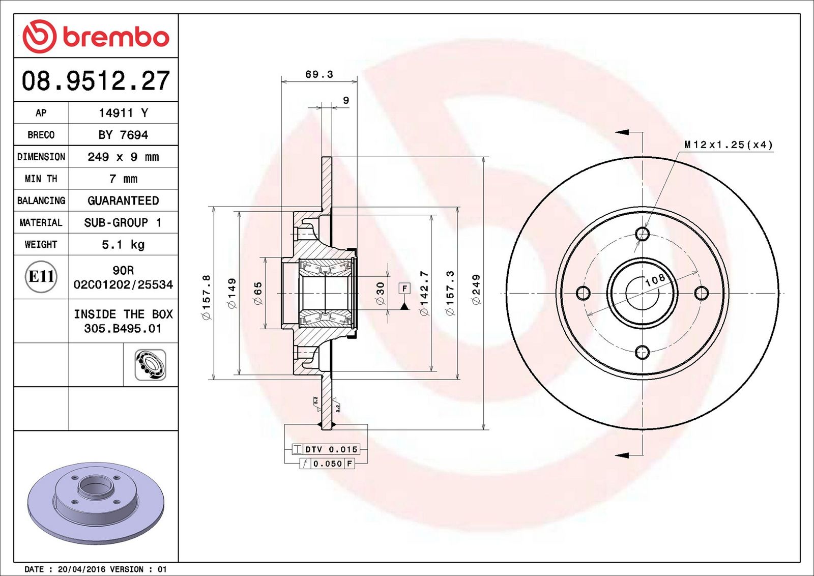 BREMBO 08.9512.27 - Bremsscheibe