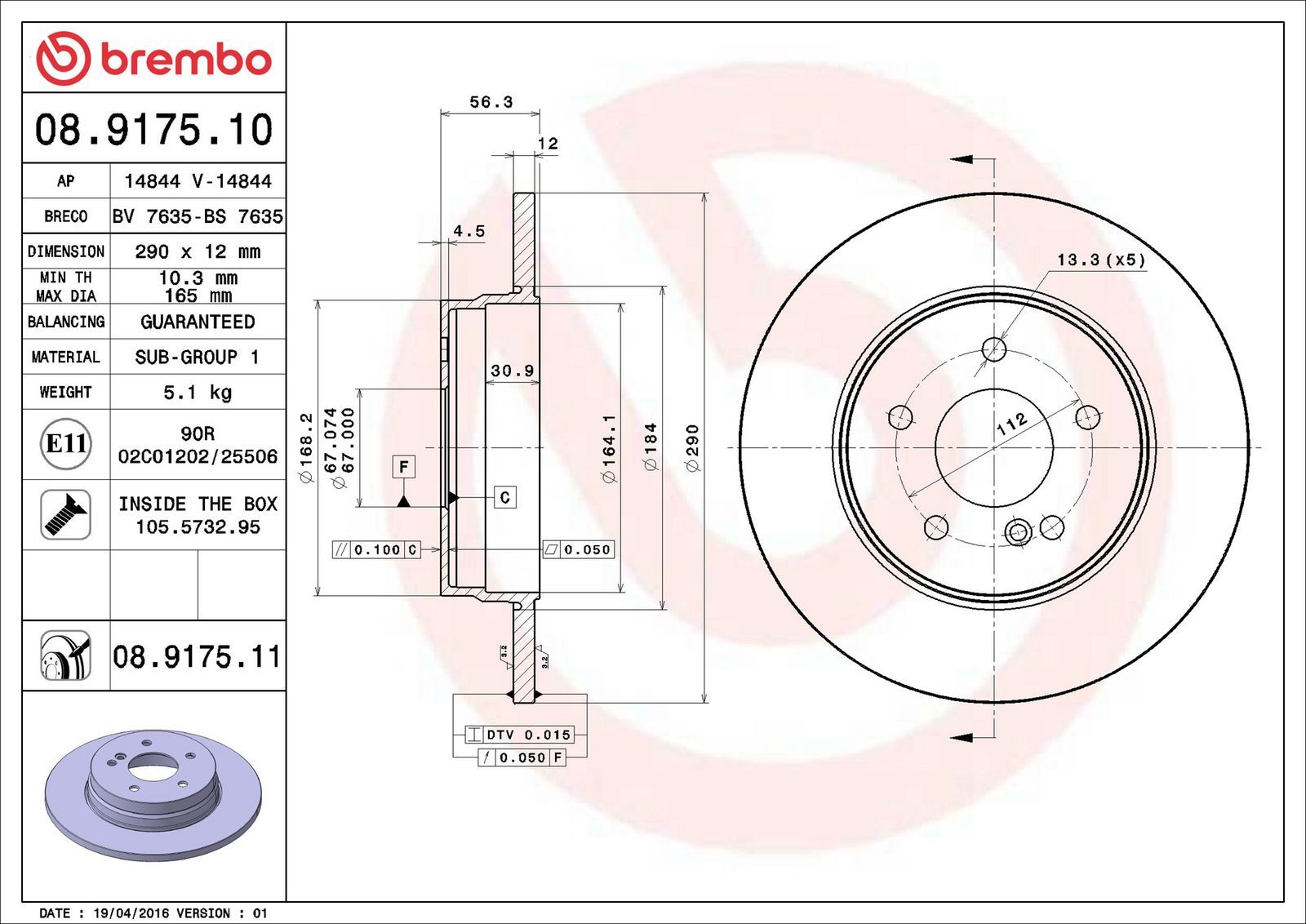BREMBO 08.9175.11 - Bremsscheibe