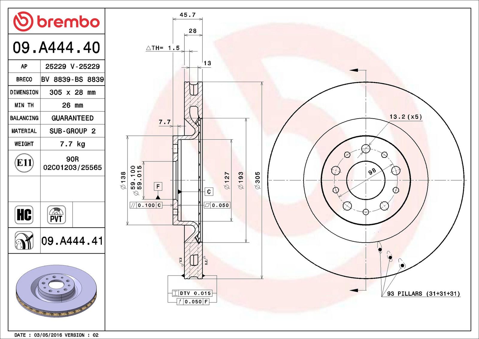 BREMBO 09.A444.41 - Bremsscheibe